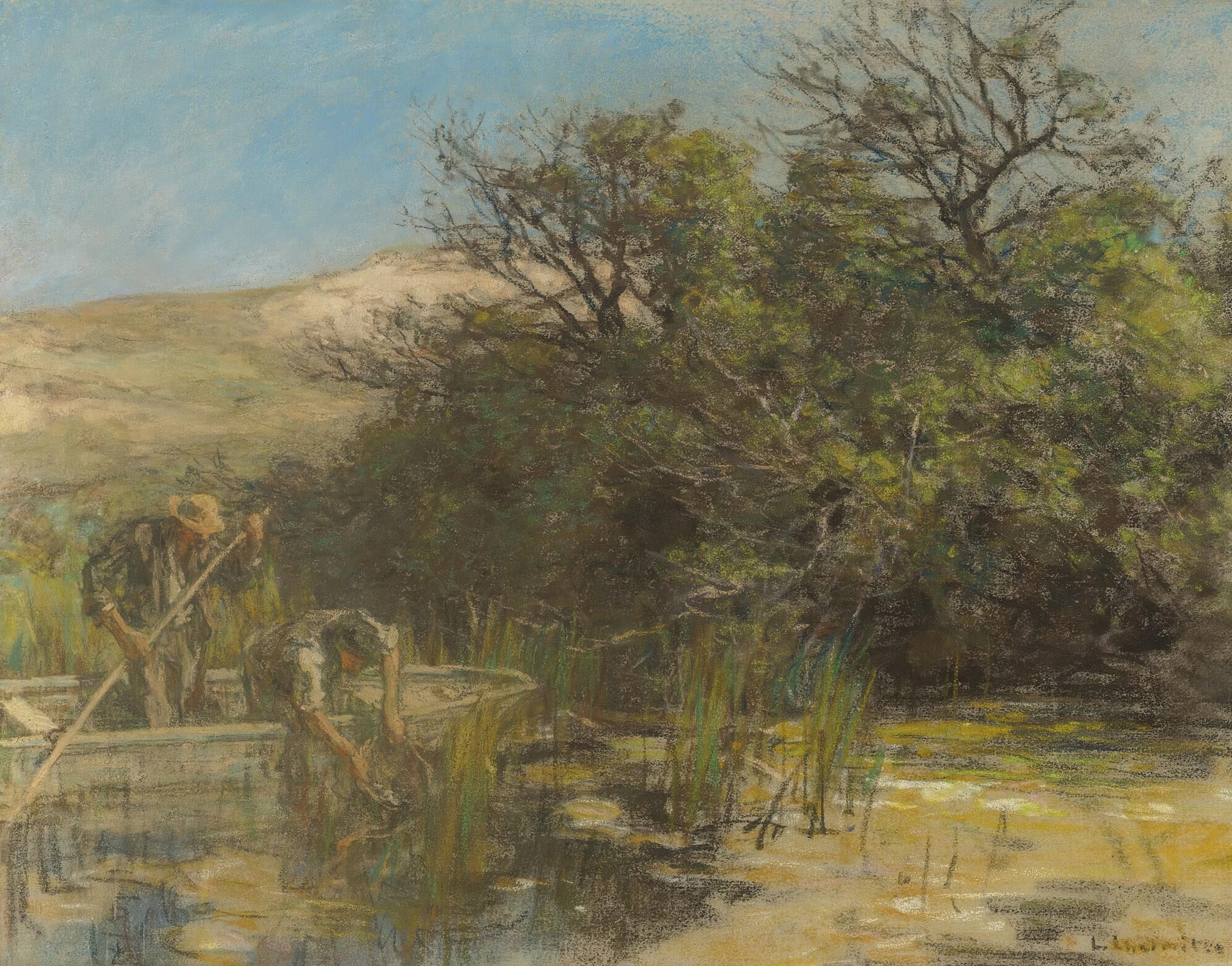 Two men fishing in water, oil on canvas by Léon Augustin Lhermitte