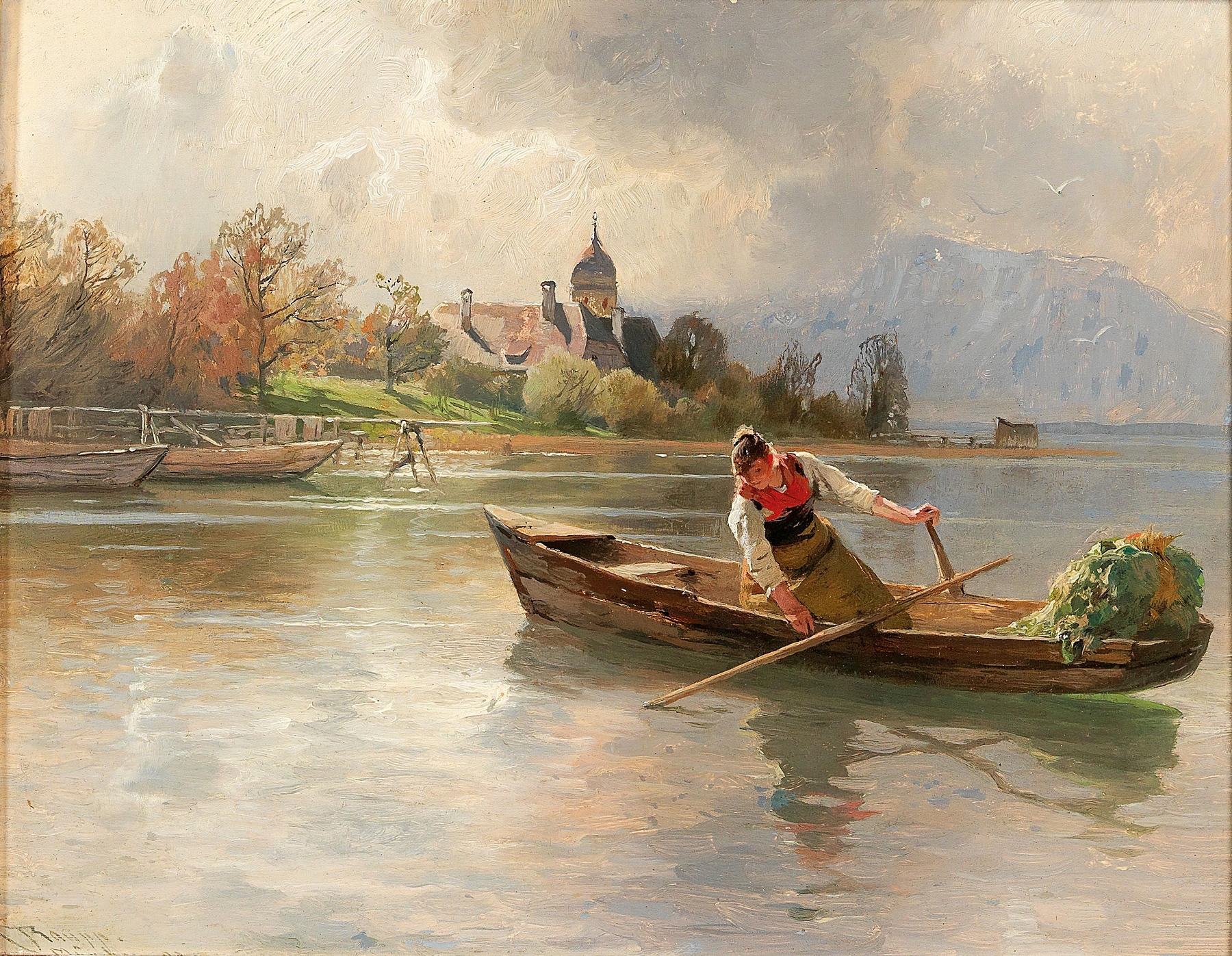 Chiemsee Landscape by Karl Raupp, oil on canvas depicting a tranquil forest and lake
