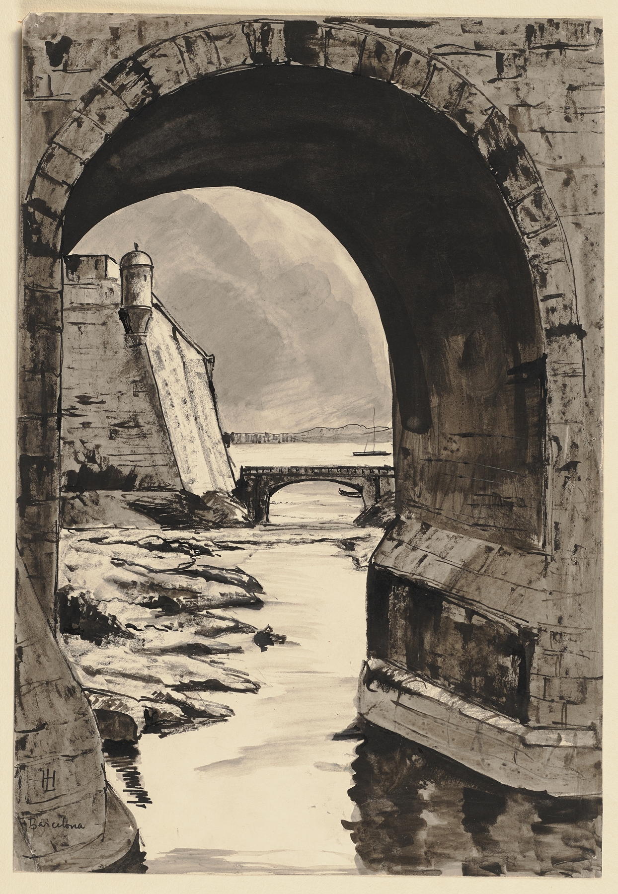 Marine scene depicting the port of Barcelona, oil on canvas by Hermann Lismann