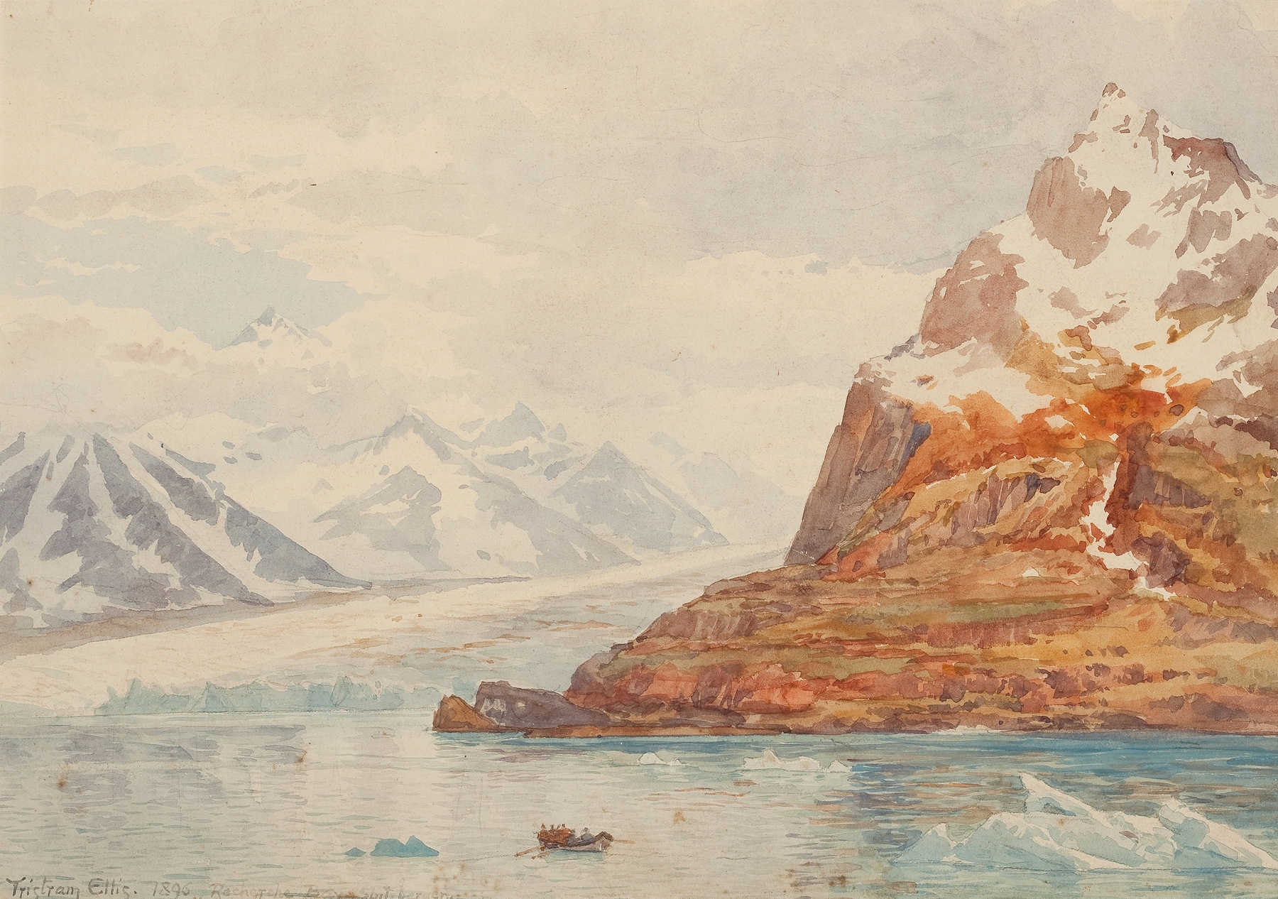 Landscape oil painting by Tristram James Ellis depicting icy fjords and mountains