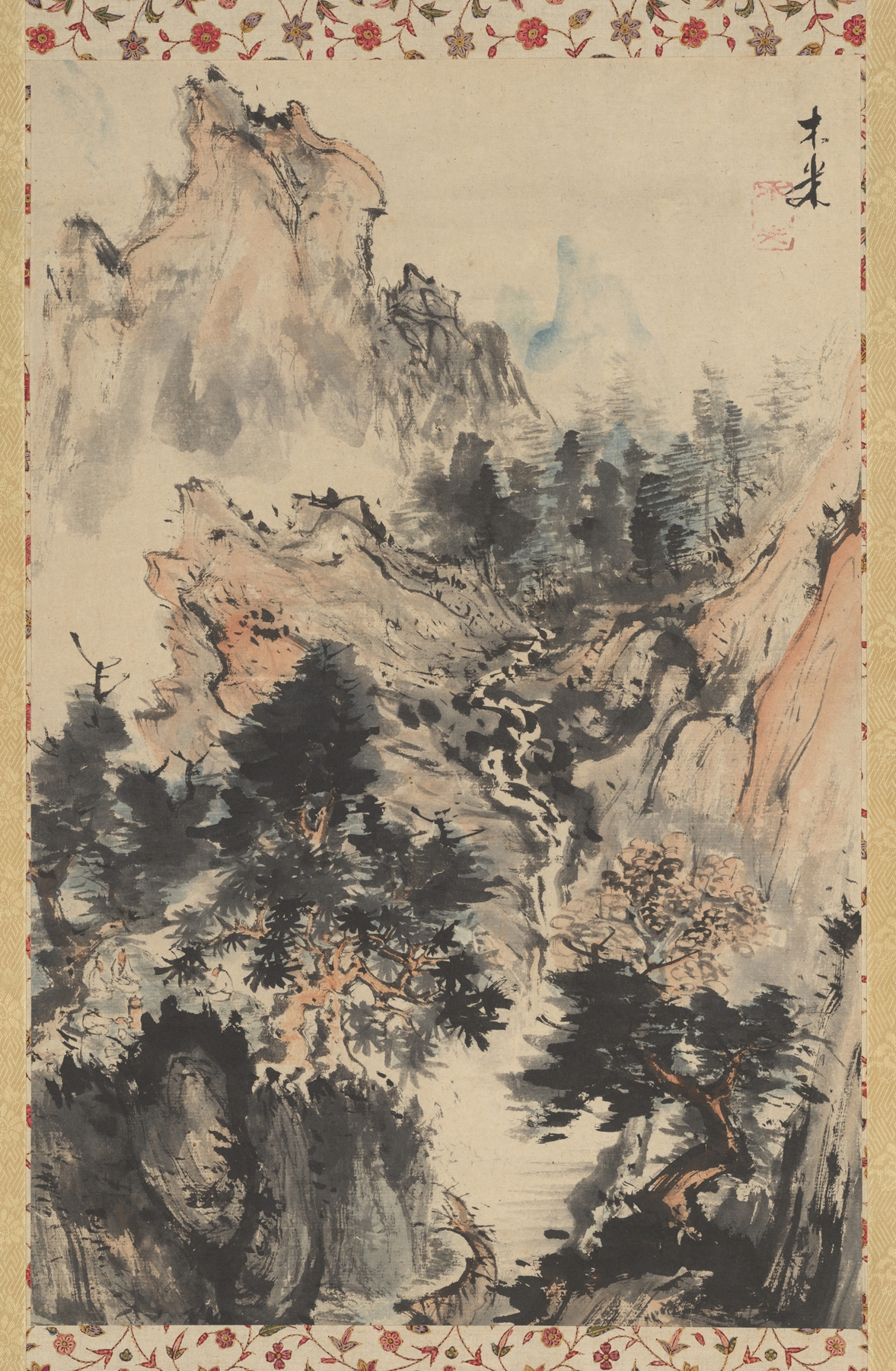 Ukiyo-e by Aoki Mokubei depicting a tea ceremony under trees with dappled sunlight.