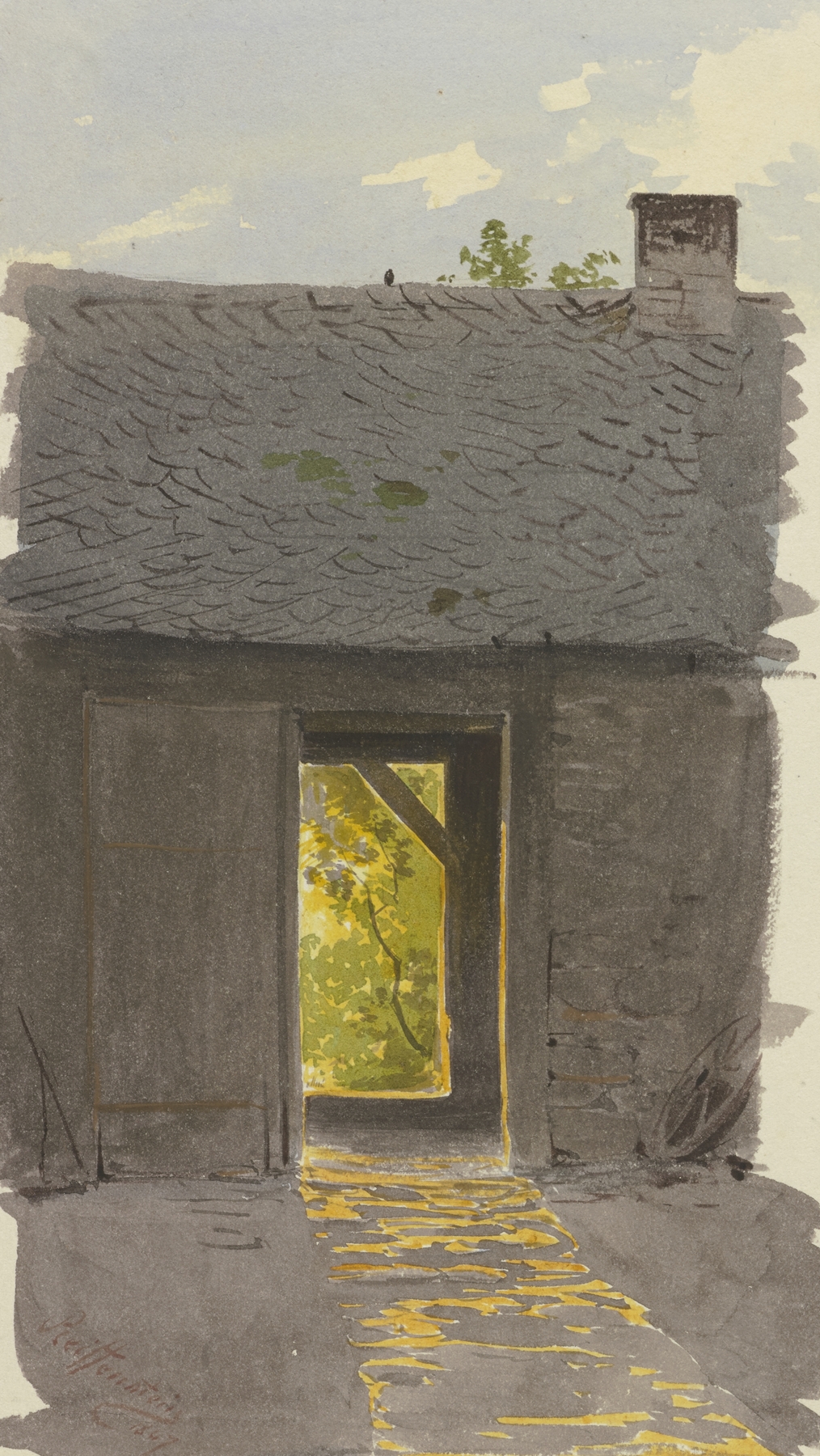 Interior scene of a barn with sunlight illuminating wooden beams, oil painting by Carl Theodor Reiffenstein.
