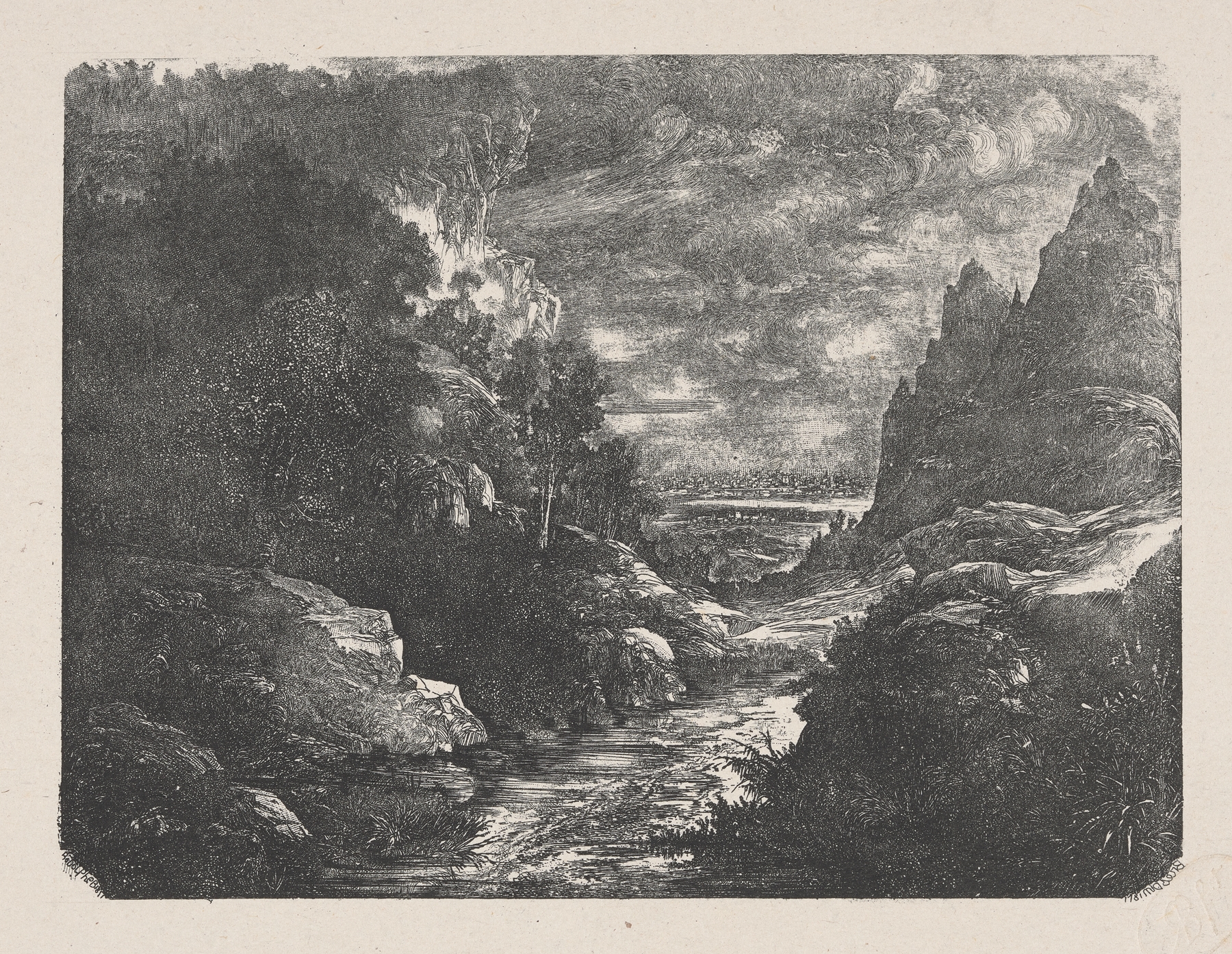 Landscape by Rodolphe Bresdin, ink on paper, depicting rugged terrain and a sweeping horizon.