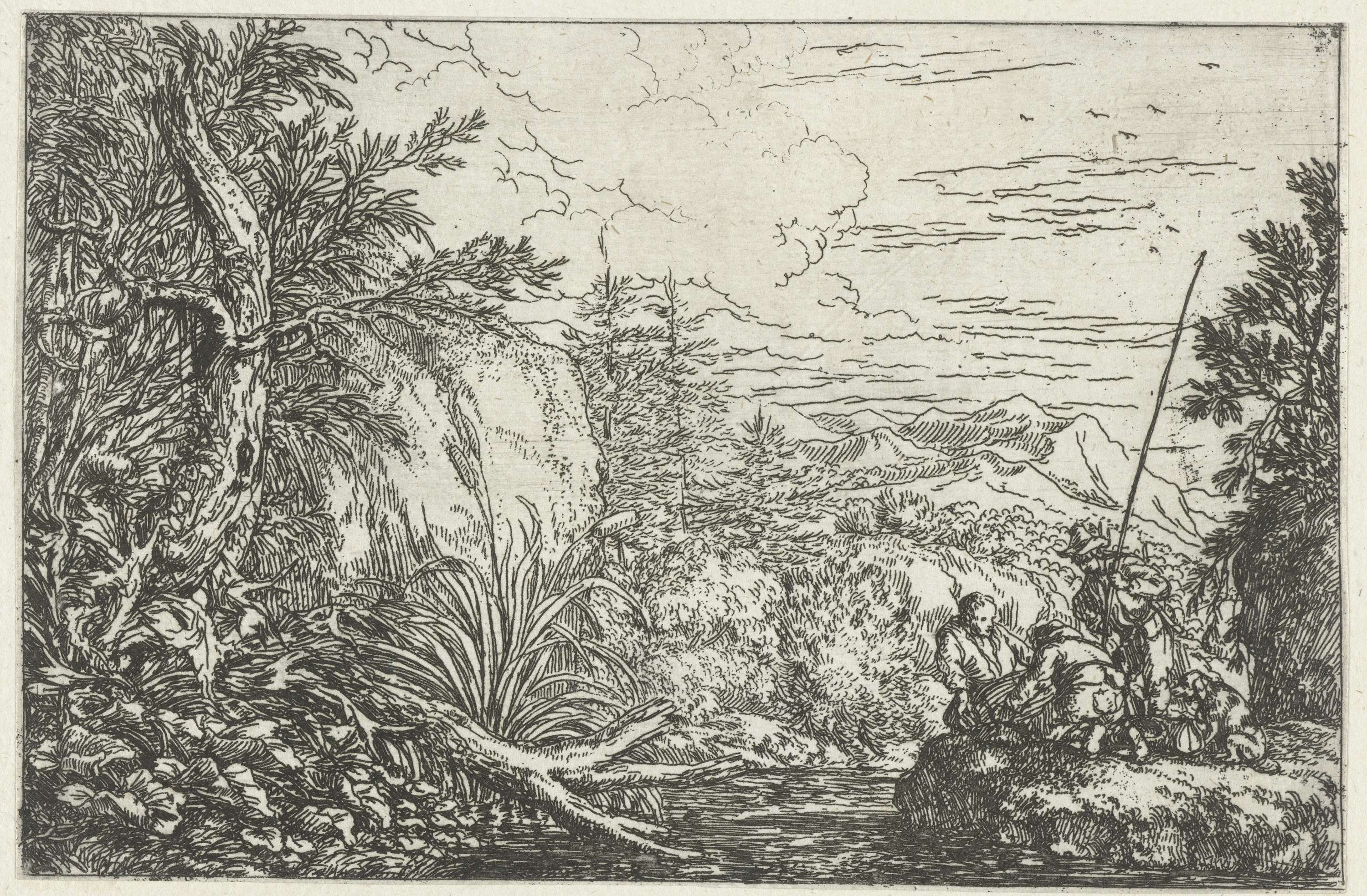 Drie vissers aan de oever van een rivier, etching by Jonas Umbach