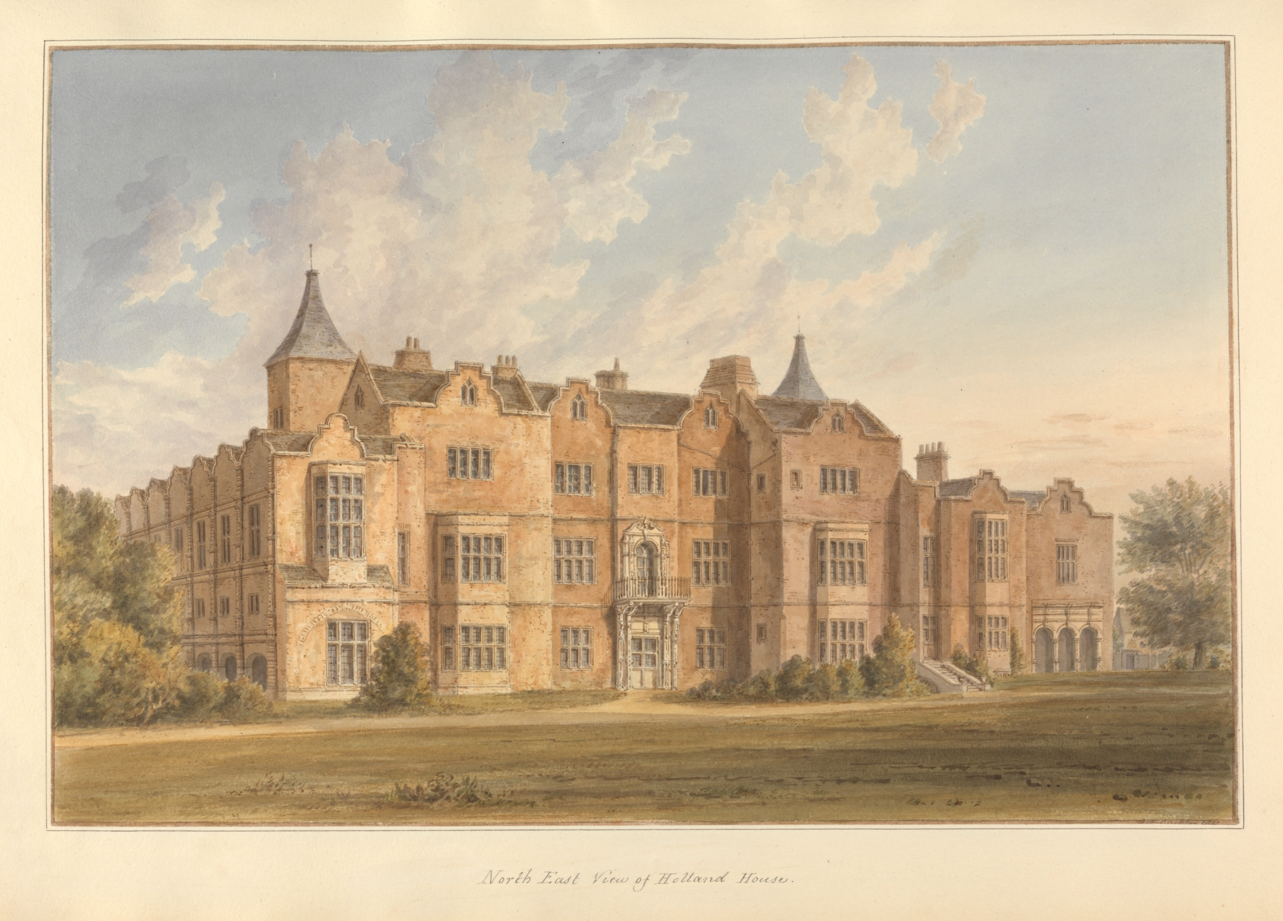 North East View of Holland House by John Buckler, oil painting depicting architecture and trees
