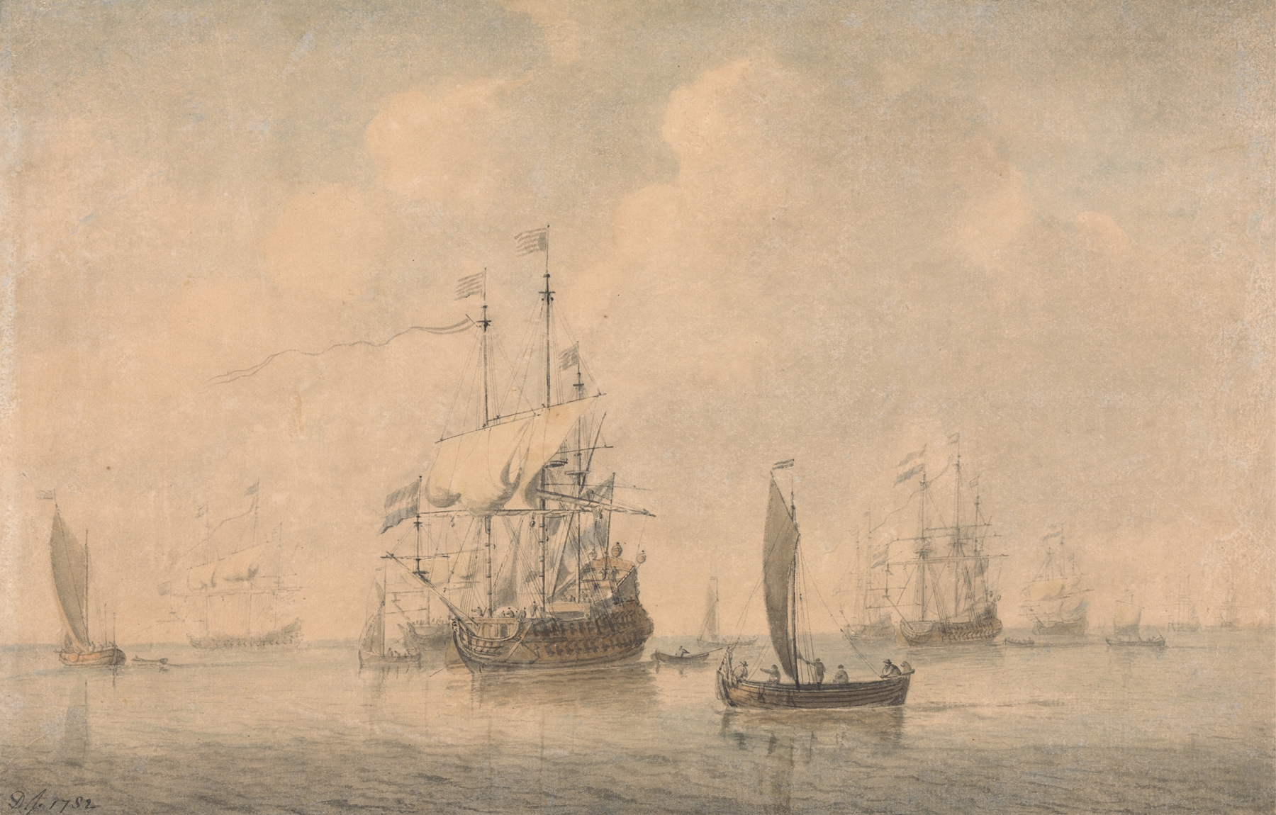 Warships Preparing to Sail from their Anchorage, by Dominic Serres, public domain