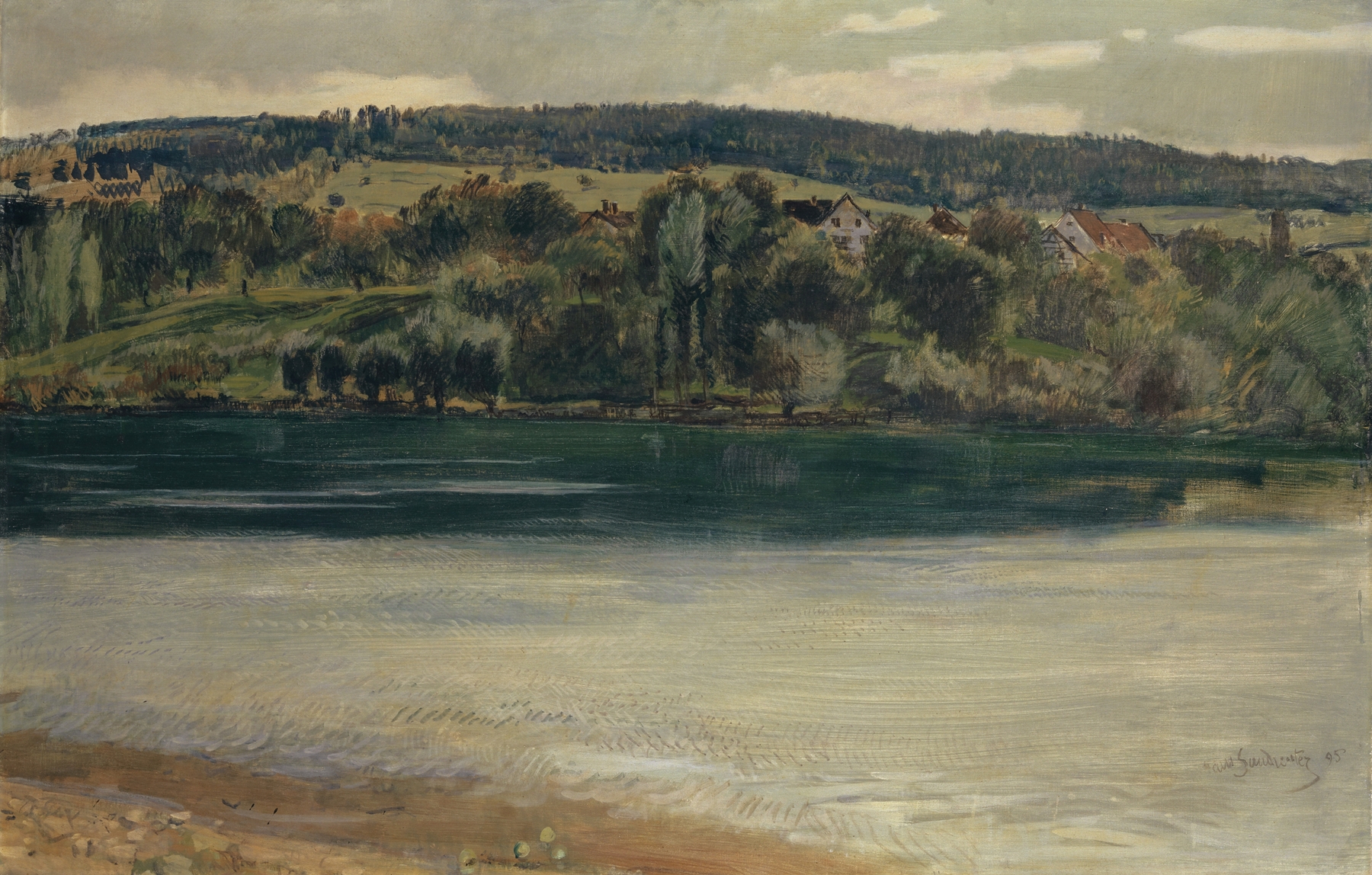 Landscape at dusk featuring the Rhine river, oil painting by Hans Sandreuter