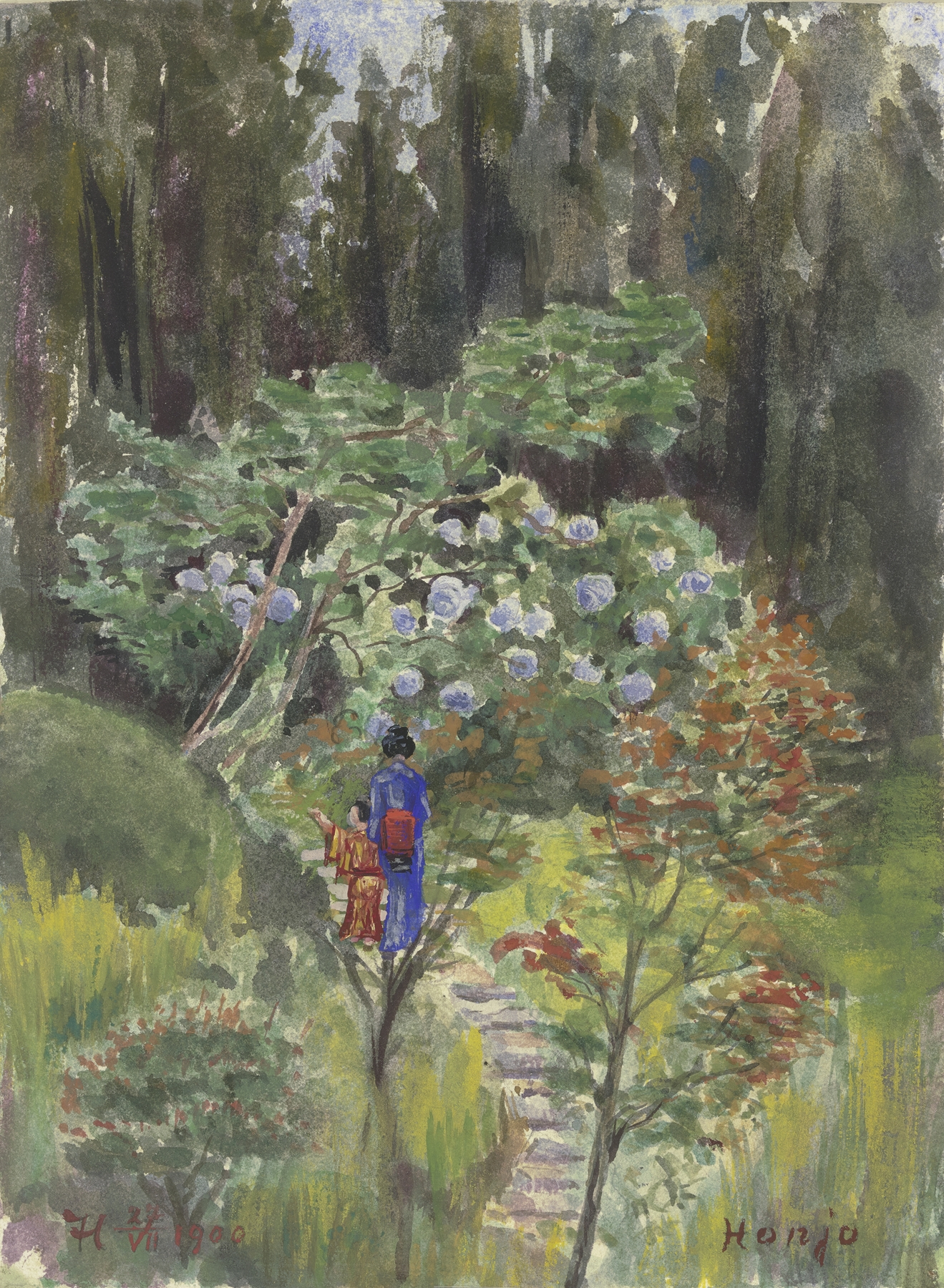 Japanese garden scene with cherry blossoms and koi pond by Fritz Hauck