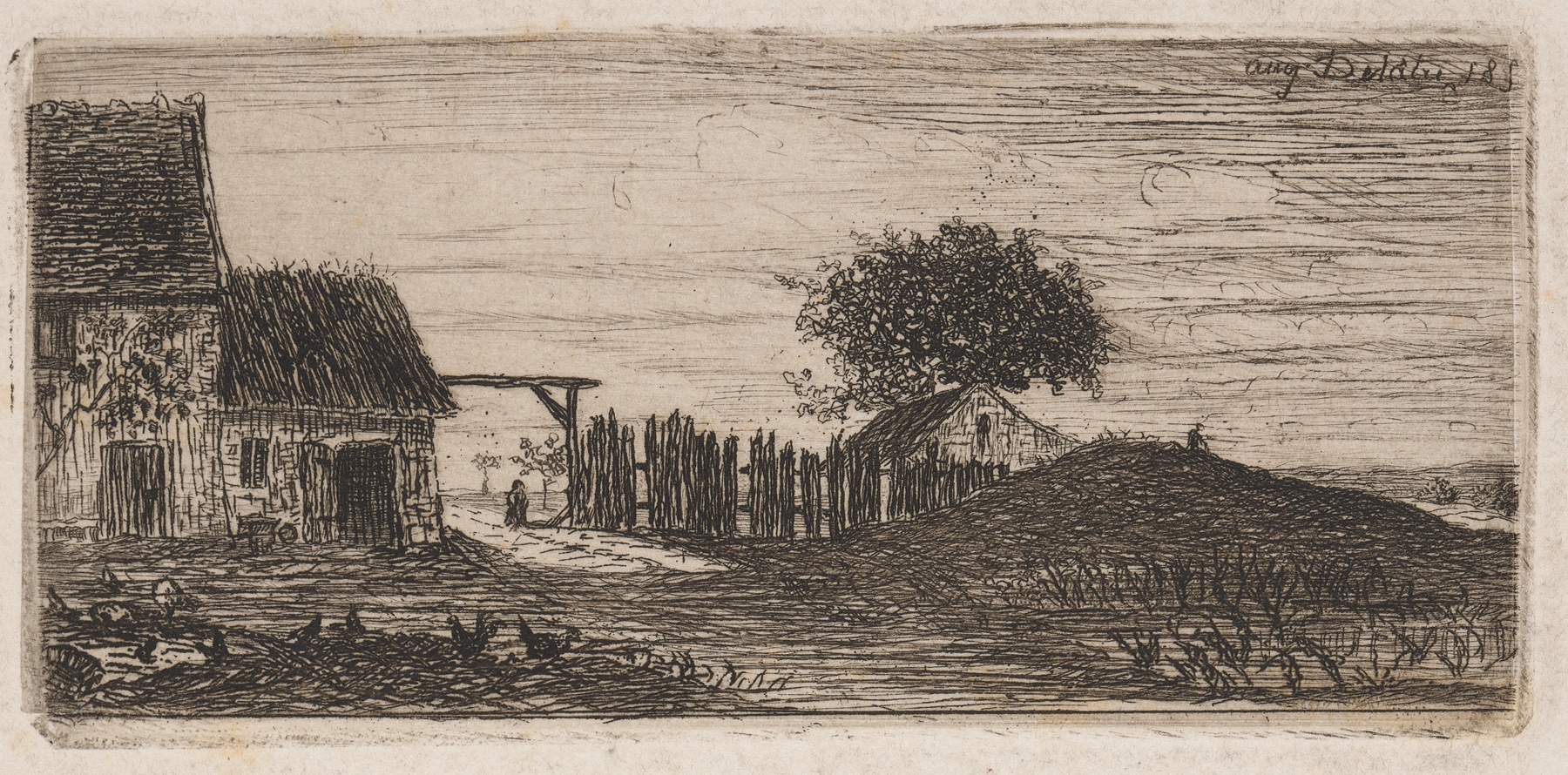 Farmyard by Auguste Delâtre, oil painting depicting a sunlit rural landscape.