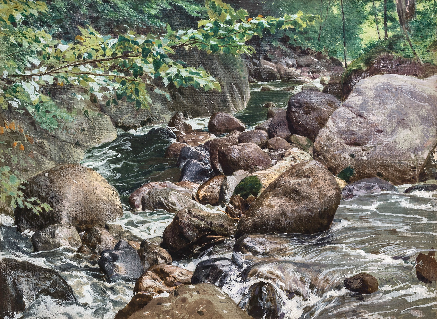 Landschaft mit Wildbach by Adolf Hirémy-Hirschl, oil on canvas depicting a lively river and lush forest.