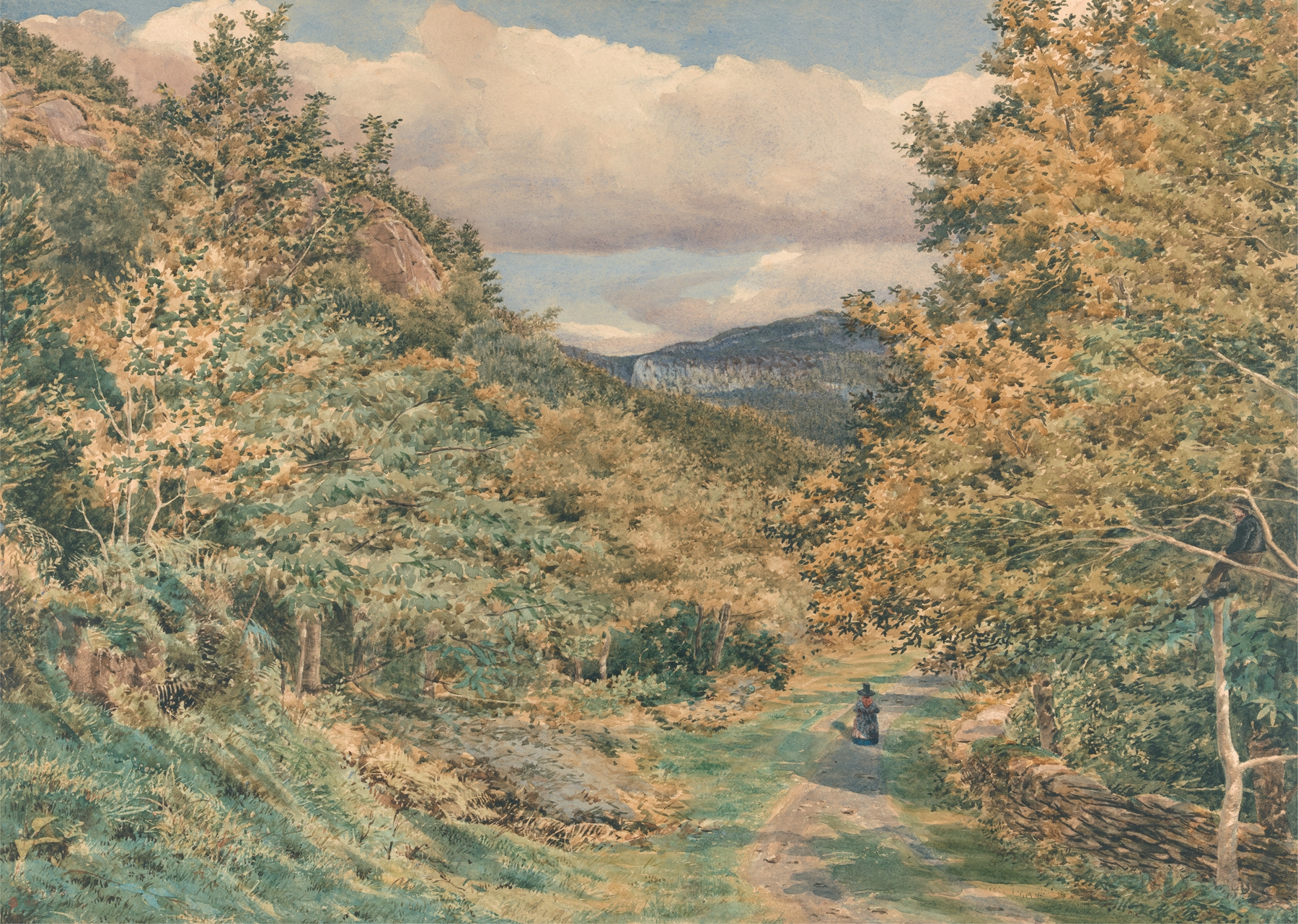 A Road Near Bettws-y-Coed by George Price Boyce, oil painting depicting a winding road through a forest.