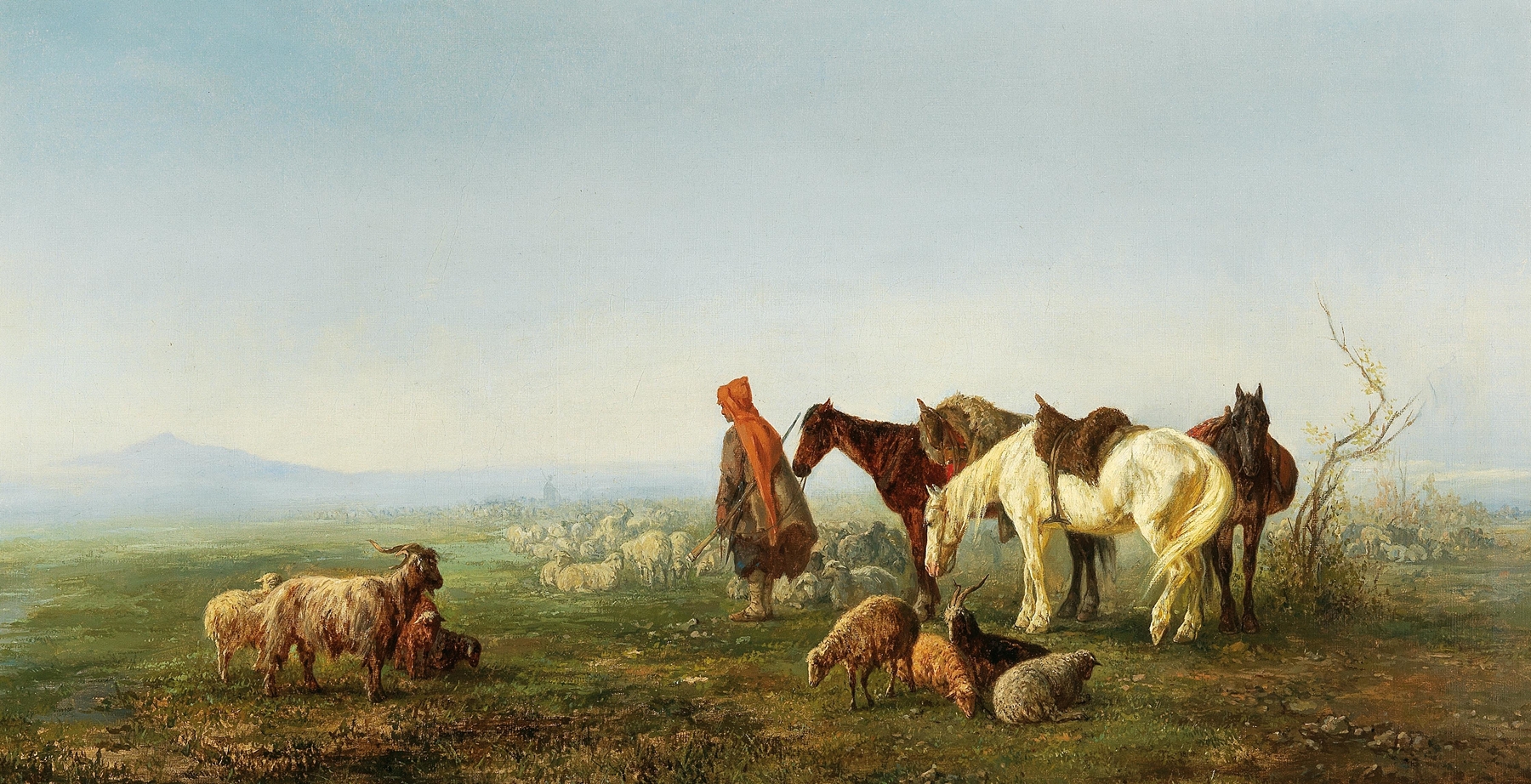 Figurative oil painting by Fedor Iljitch Baikoff depicting a shepherd in the Caucasus.