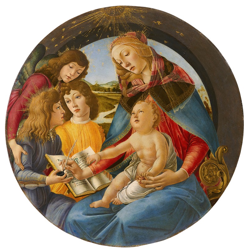 Sandro Botticelli's 'Madonna of the Magnificat' features the Virgin Mary surrounded by angels.
