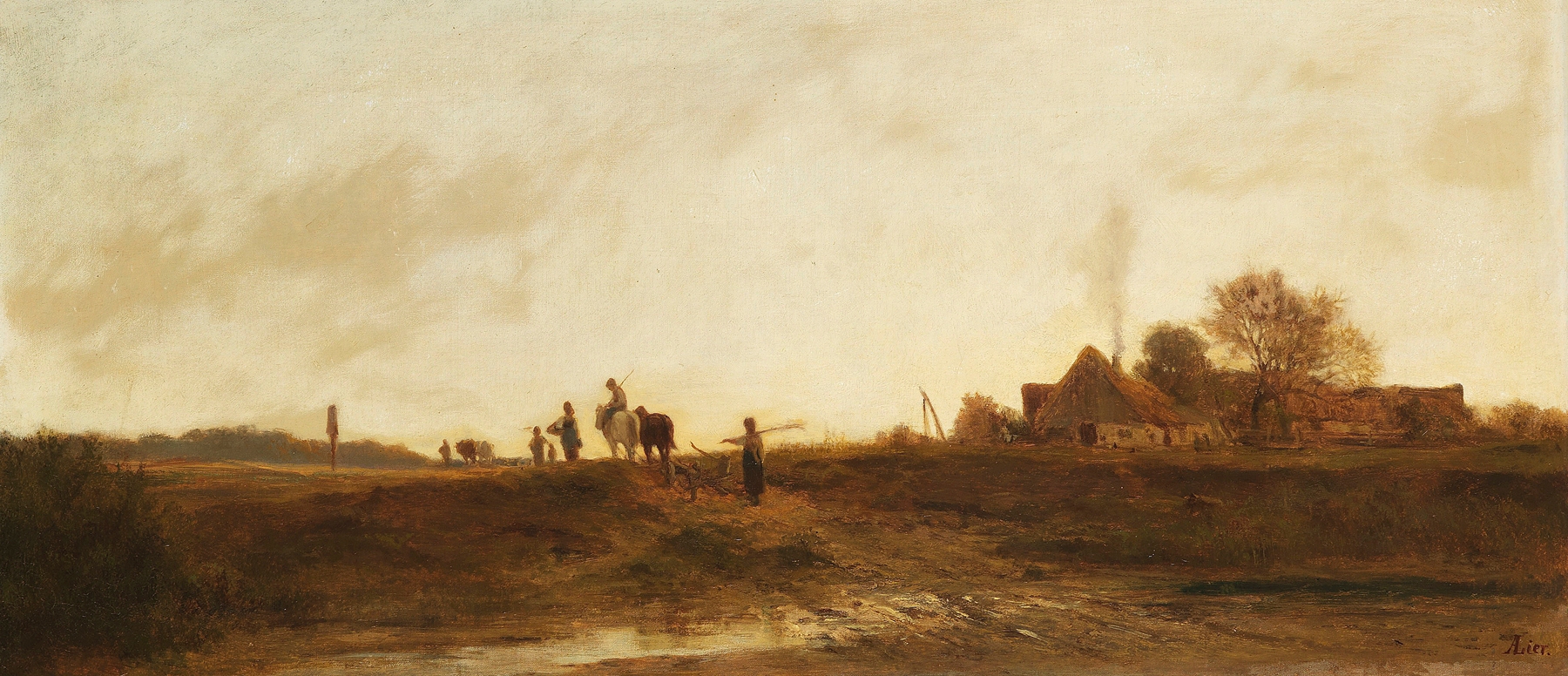 Landscape oil painting by Adolf Heinrich Lier depicting figures returning home at dusk.
