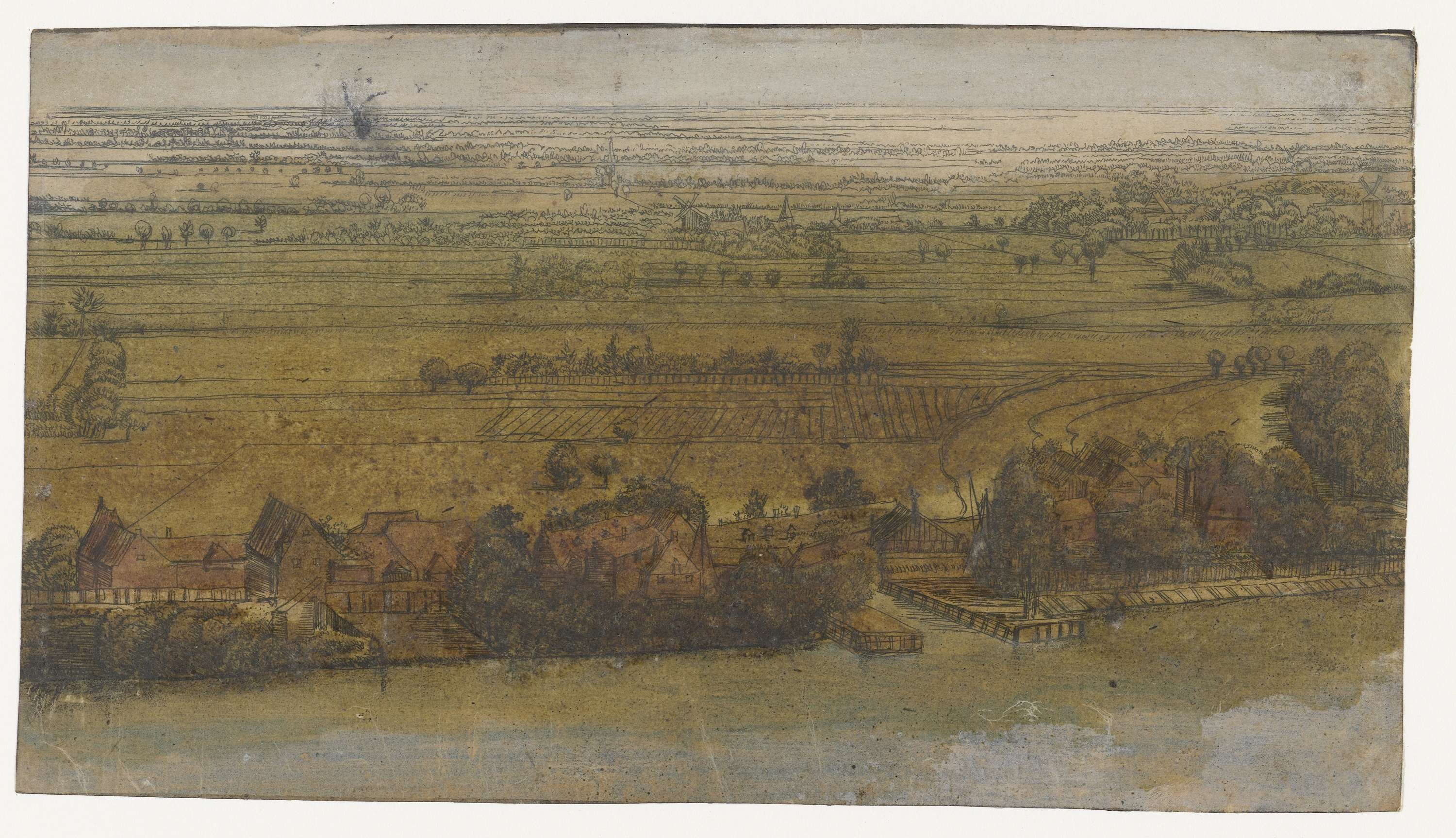 Dorp aan een rivier, etching by Jan Ruyscher, depicting a tranquil village by the river at dawn.