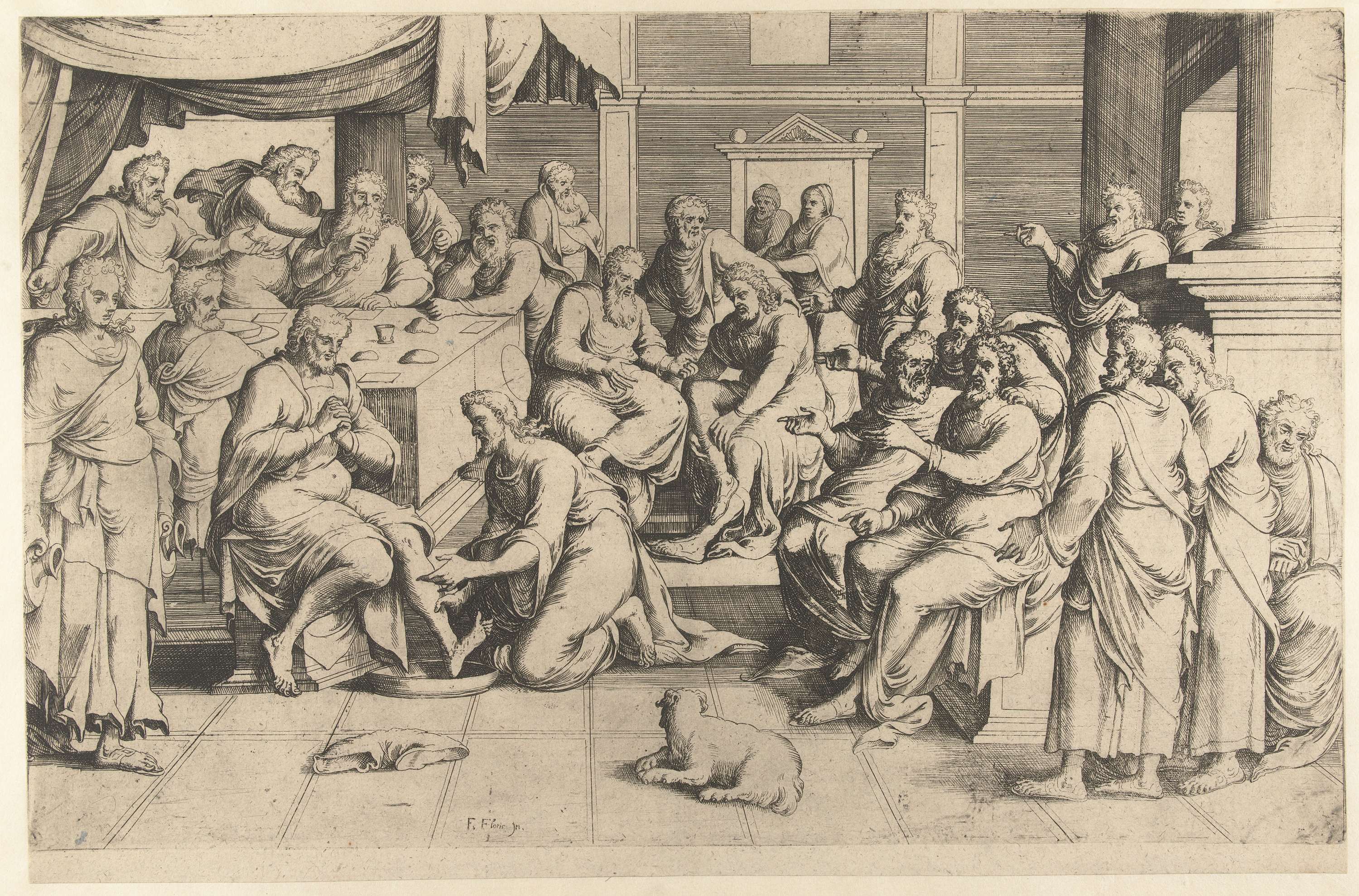 De voetwassing van Petrus, etching by Frans Floris I, depicting a foot washing scene.