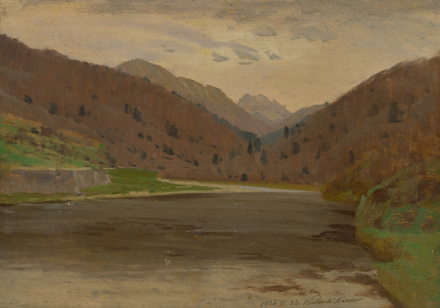 Mountain landscape by Ferdinand Katona, oil on canvas depicting a dramatic mountain range.