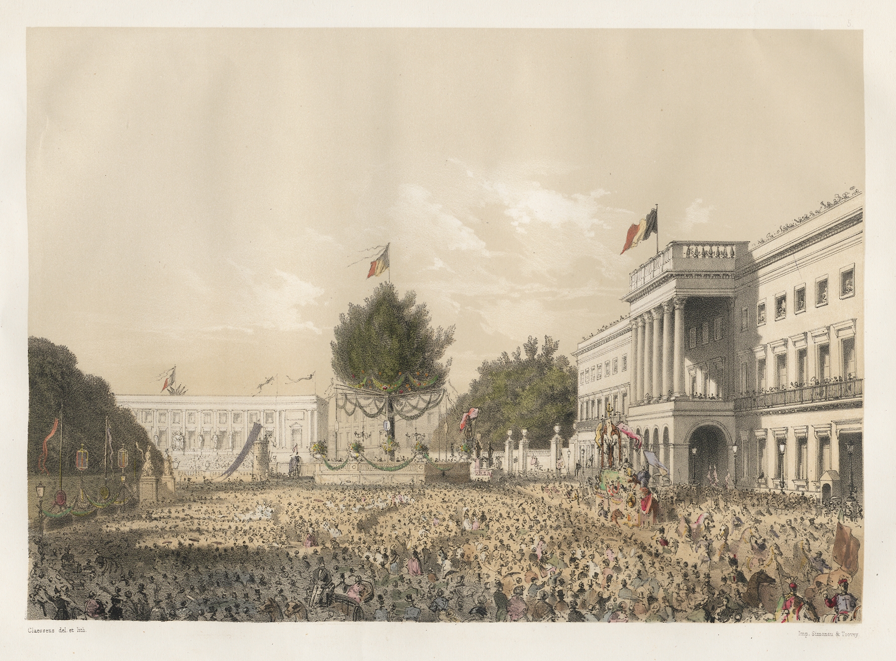 Genre scene depicting a bustling square with architecture, by Jules Helbig, oil on canvas.