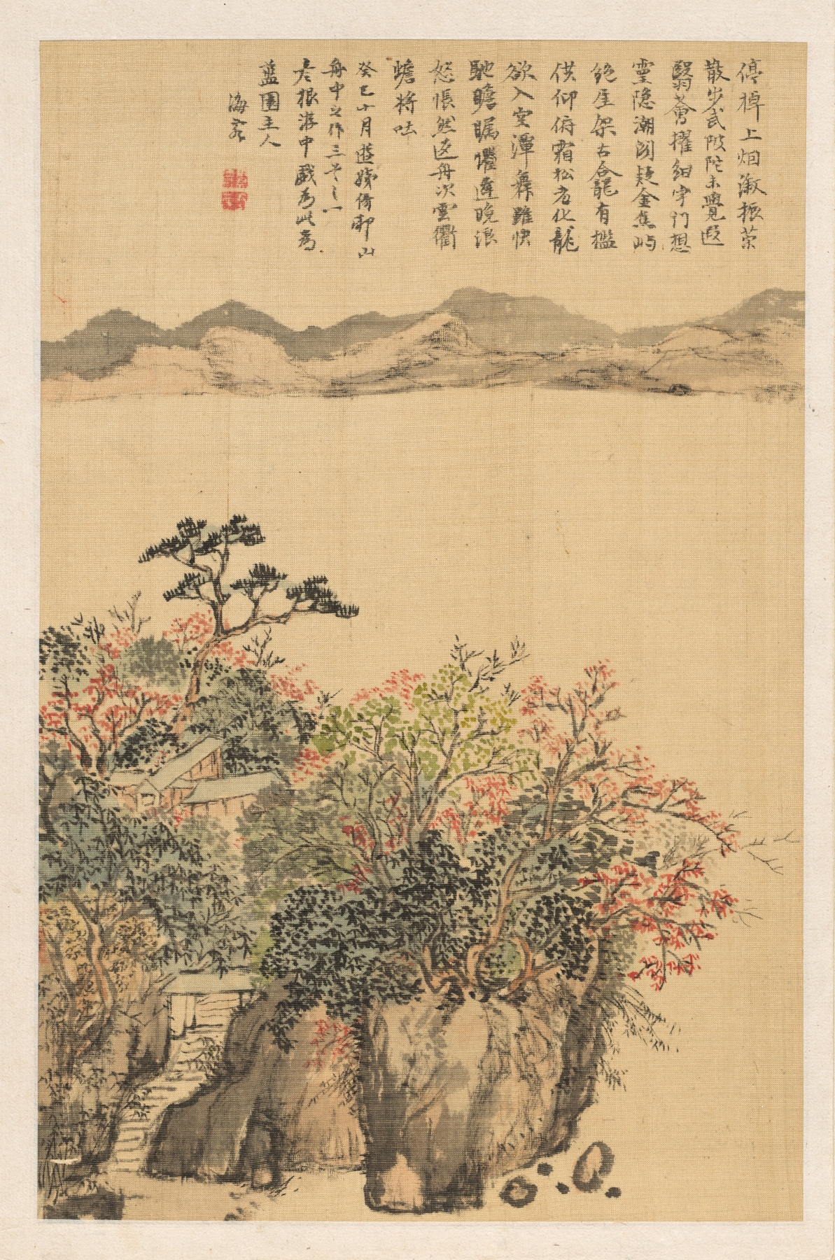 Landscape by Nukina Kaioku, ink on paper, depicting a serene pond and green grass.