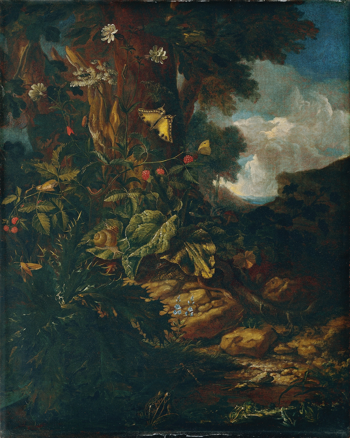 Landschaft mit Reptilien und Insekten by Johann Adalbert Angermayer, oil painting depicting lush greenery and wildlife.
