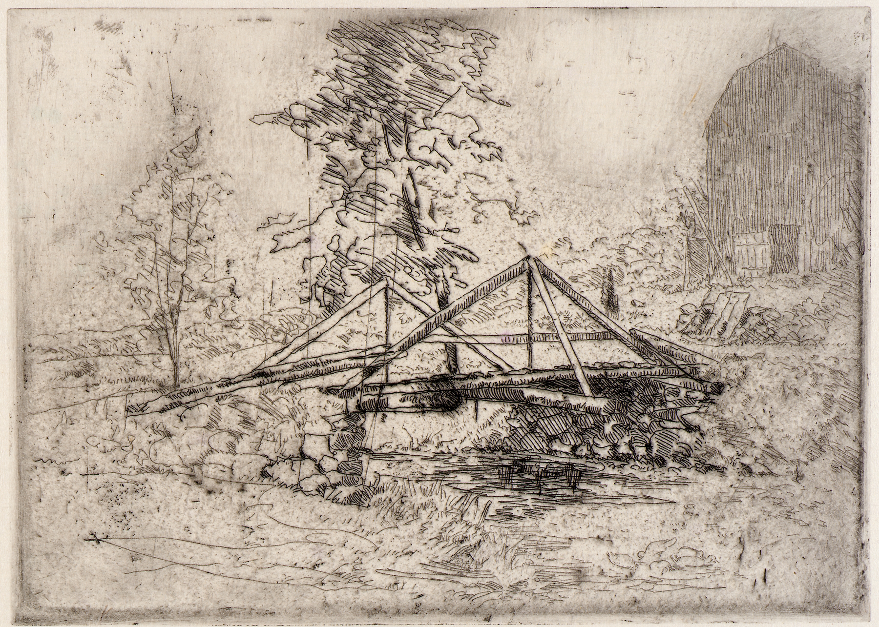 The Wooden Bridge by Julian Alden Weir, impressionism, depicting a serene landscape with water and trees.