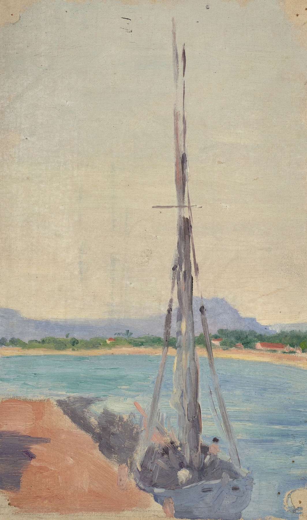 Marine scene with a moored boat and coastline, oil on canvas by Jeanne Jegou-Cadart