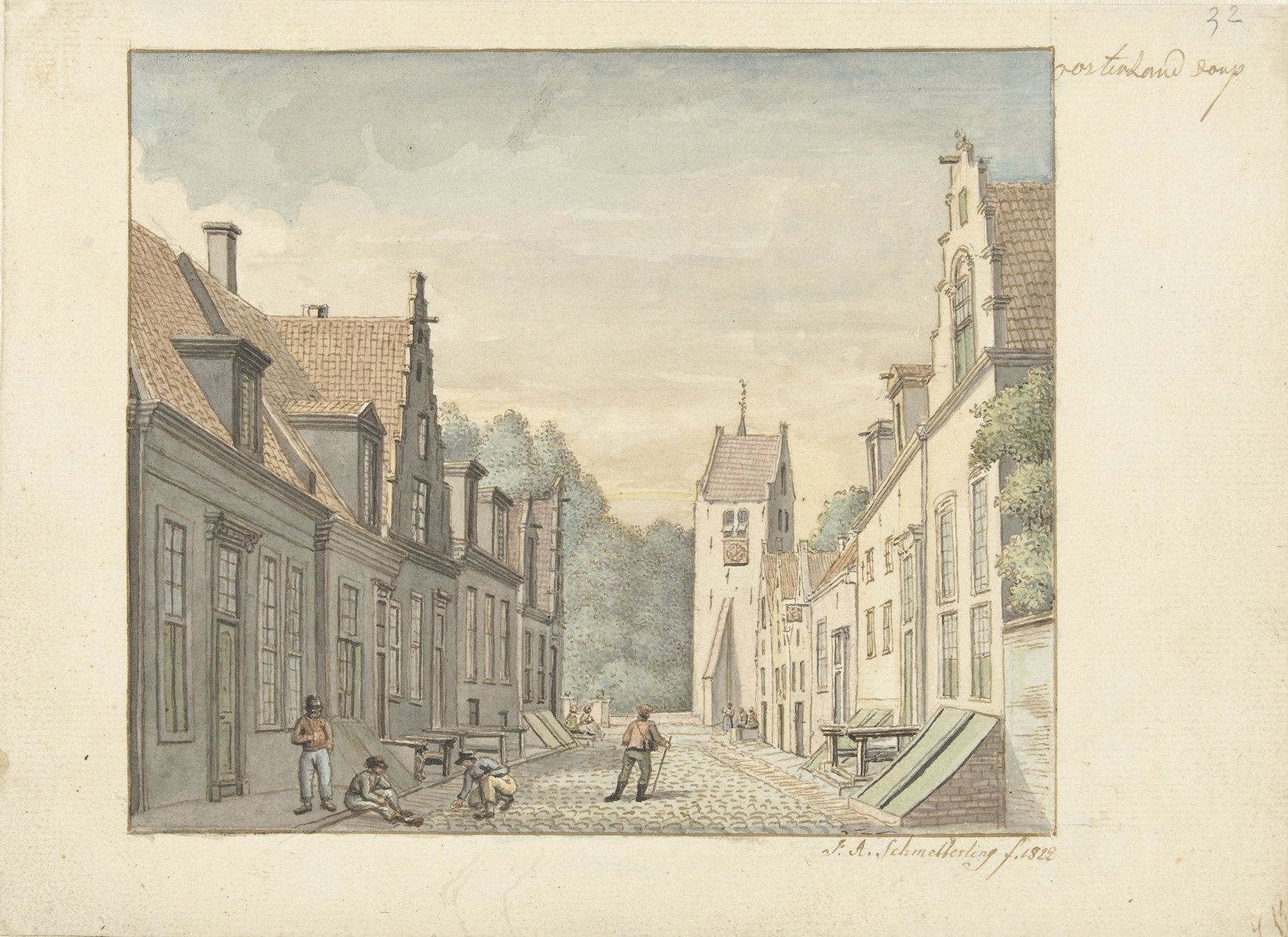 Landscape of a village street with trees, oil painting by Joseph Adolf Schmetterling
