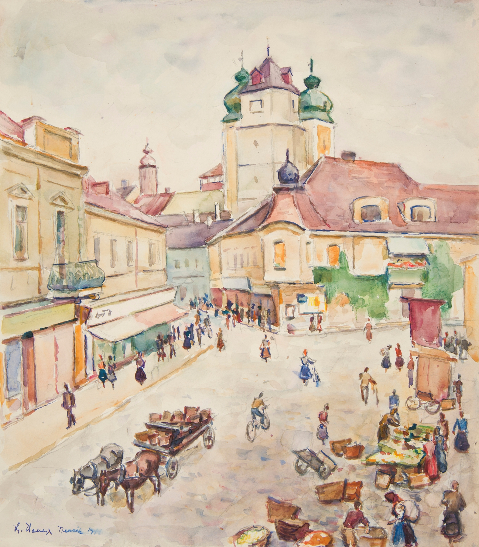 Vibrant cityscape in oil on canvas by Ivan Ivanec depicting Trenczyn.