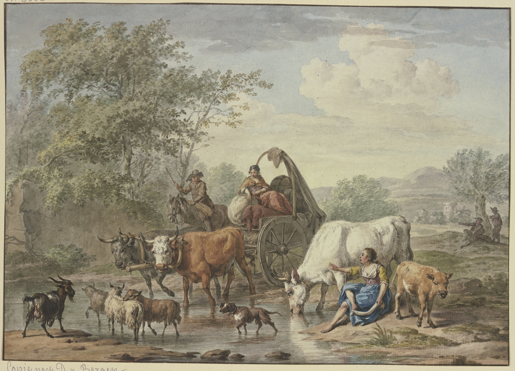 Hirten fahren mit einem Wagen durchs Wasser, a genre scene by Aert Schouman, depicting a wagon in water.