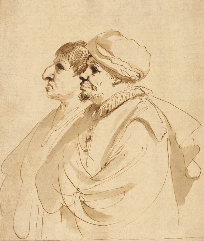 This artwork features a caricature of two men in profile, showcasing Guercino's unique style.