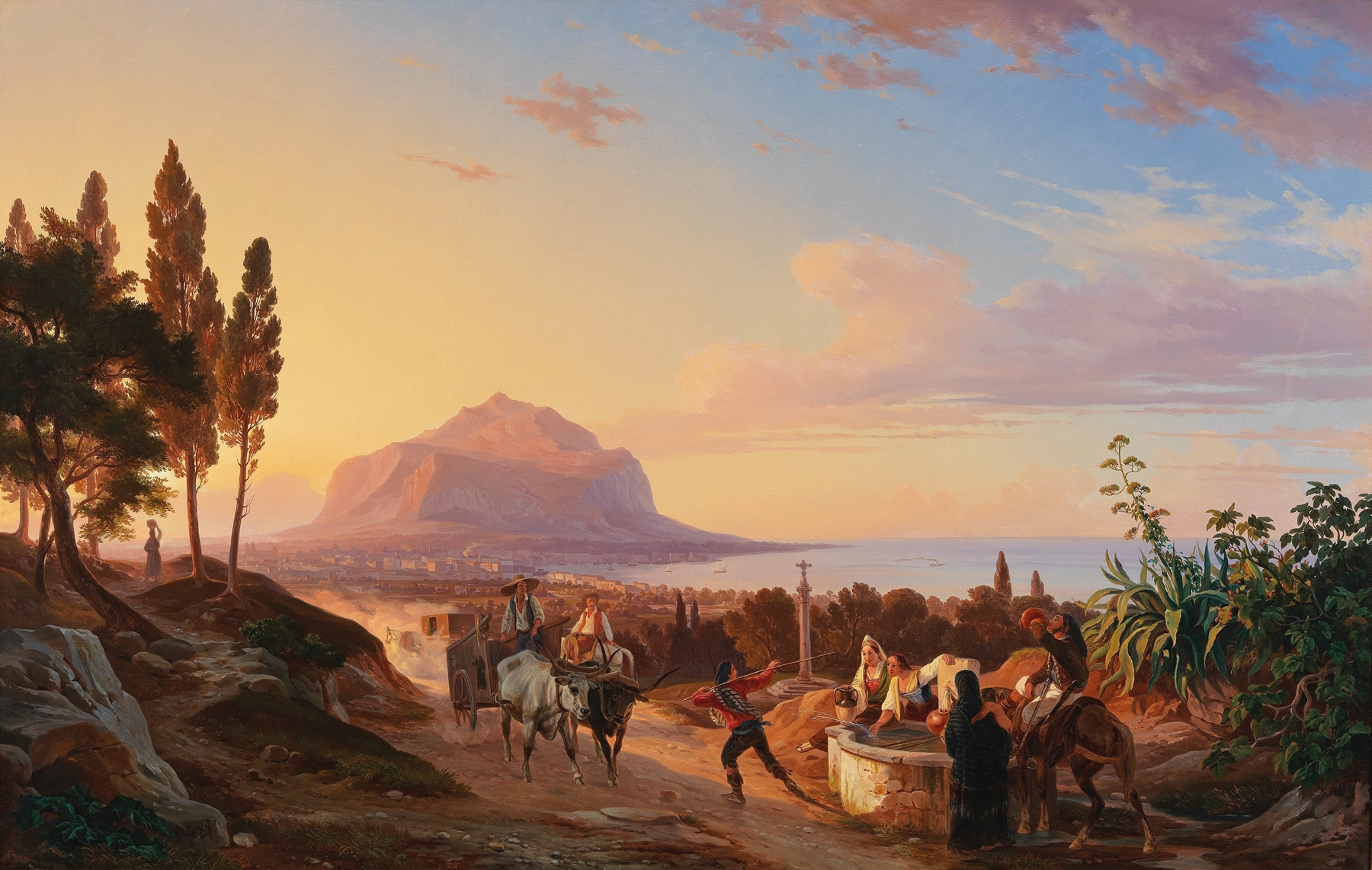 Fountain scene with figures in sunlight, oil on canvas by Carl Wilhelm Götzloff