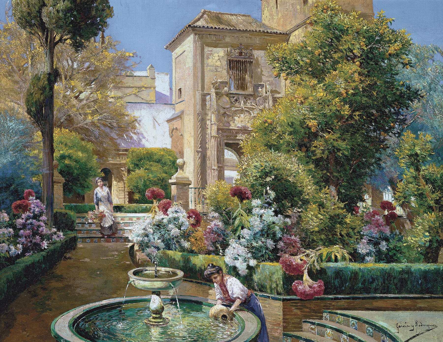 The Alcazar Gardens, Seville, oil on canvas by Manuel García y Rodríguez