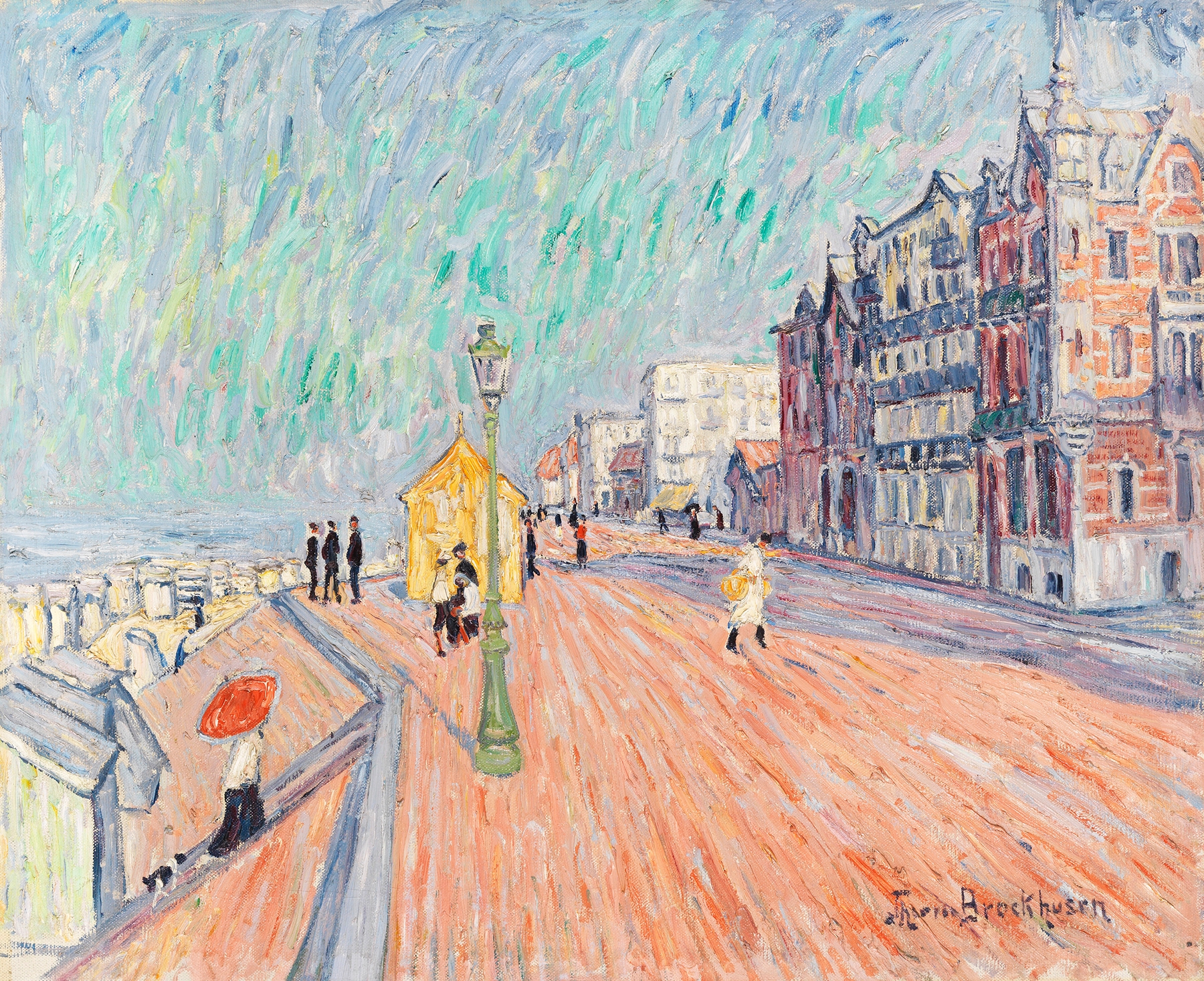 Strandpromenade in Knokke by Theo Von Brockhusen, impressionism, figures on a promenade under a blue sky.