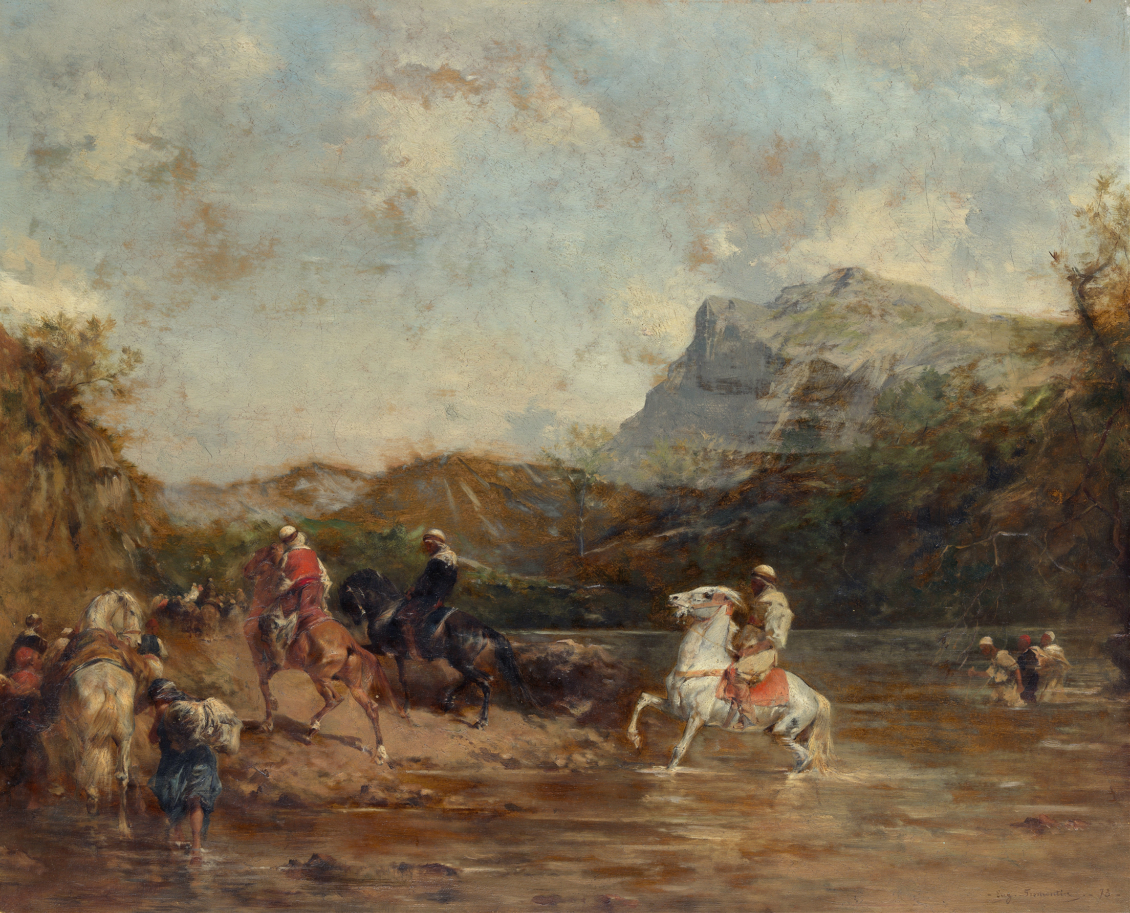 Genre scene of travelers crossing a river, oil painting by Eugène Fromentin