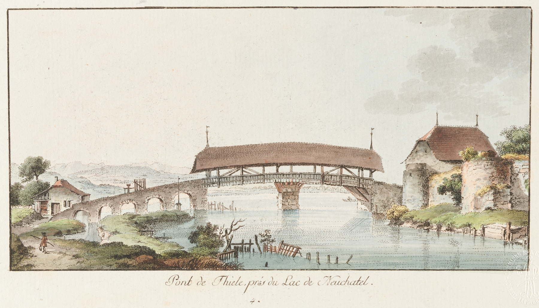 Watercolour by Johann Ludwig Aberli depicting a bridge over a lake surrounded by nature.