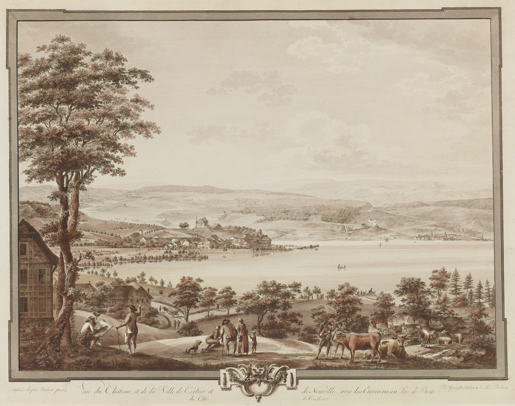Landscape depicting Lake Bienne with reflections, by Niklaus Sprüngli