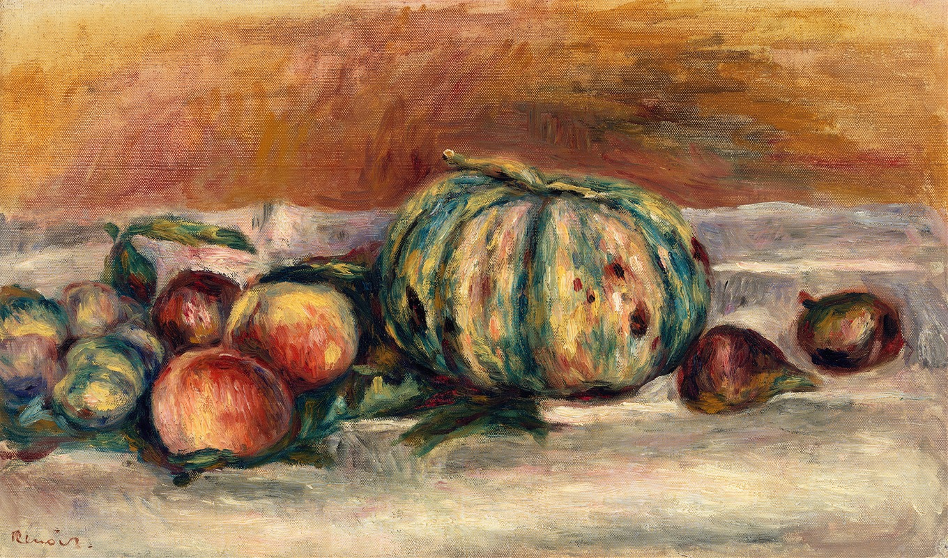 A still life painting featuring a melon and other fruits.