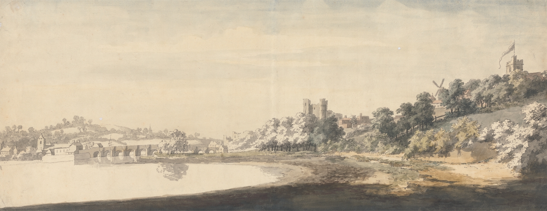 The Bridge and Castle at Rochester, oil on canvas by Jonathan Skelton, depicting a castle and river landscape.