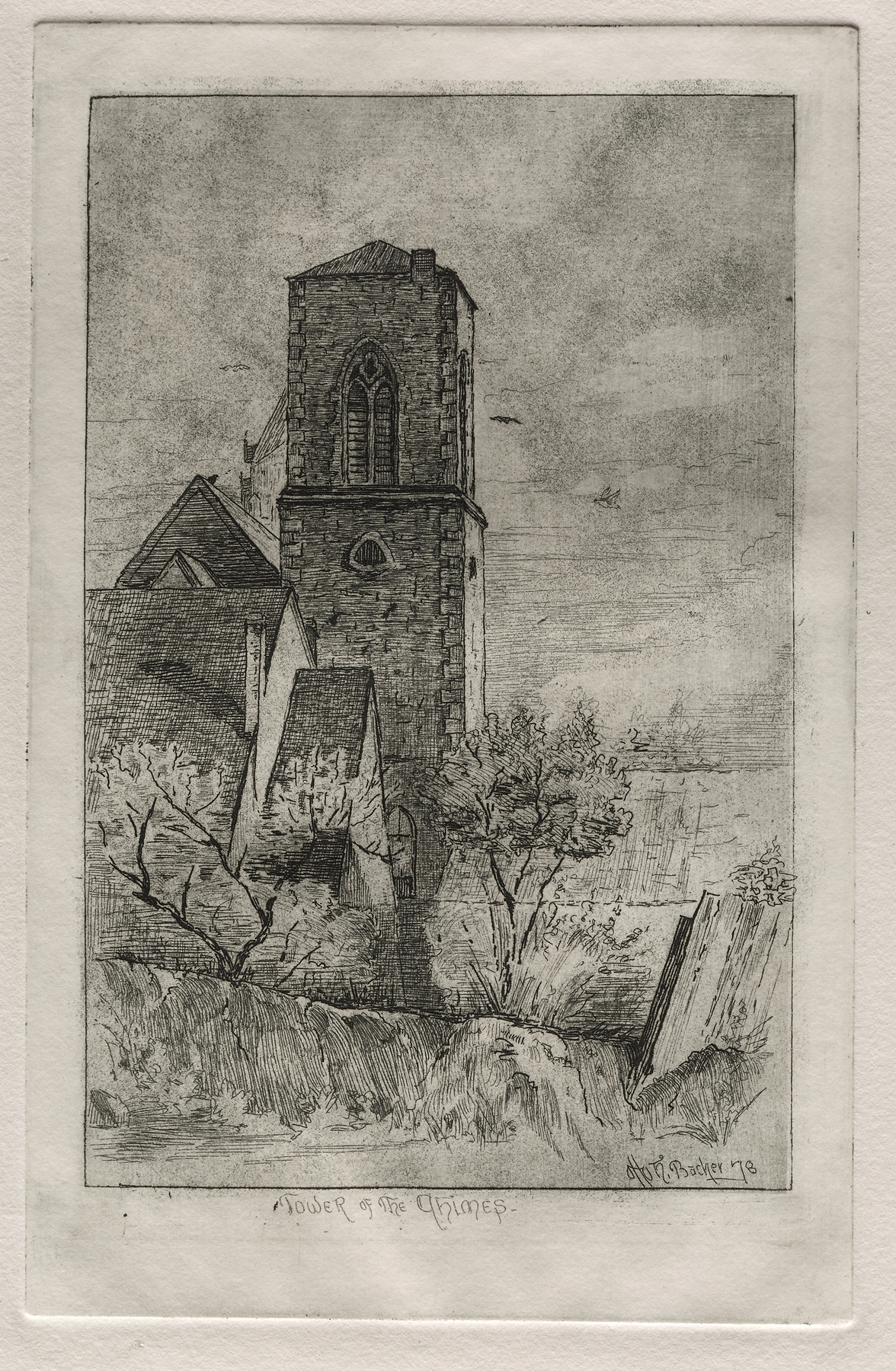 Tower of the Chimes by Otto Henry Bacher, watercolor on paper depicting a chime tower.