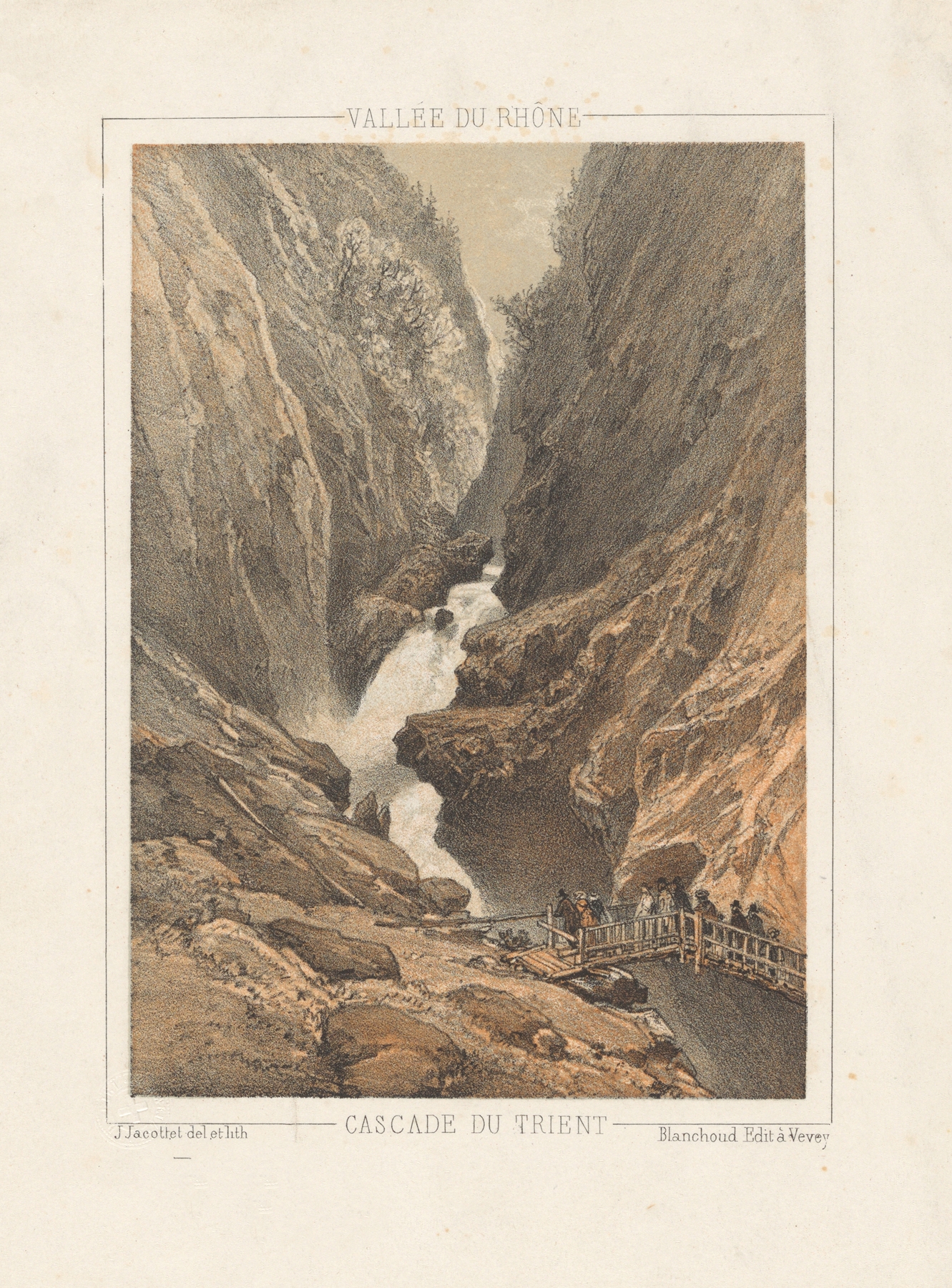 Cascade du Trient by Jean Jacottet, oil painting depicting a tranquil waterfall in a lush landscape.