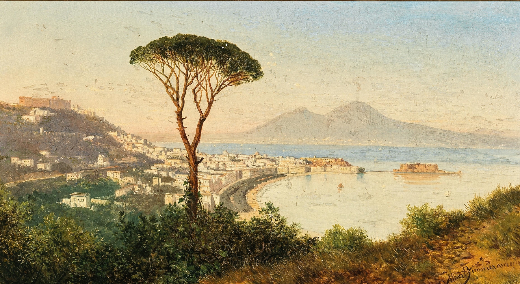 Marine scene depicting the bay of Naples by Albert Zimmermann, oil painting.