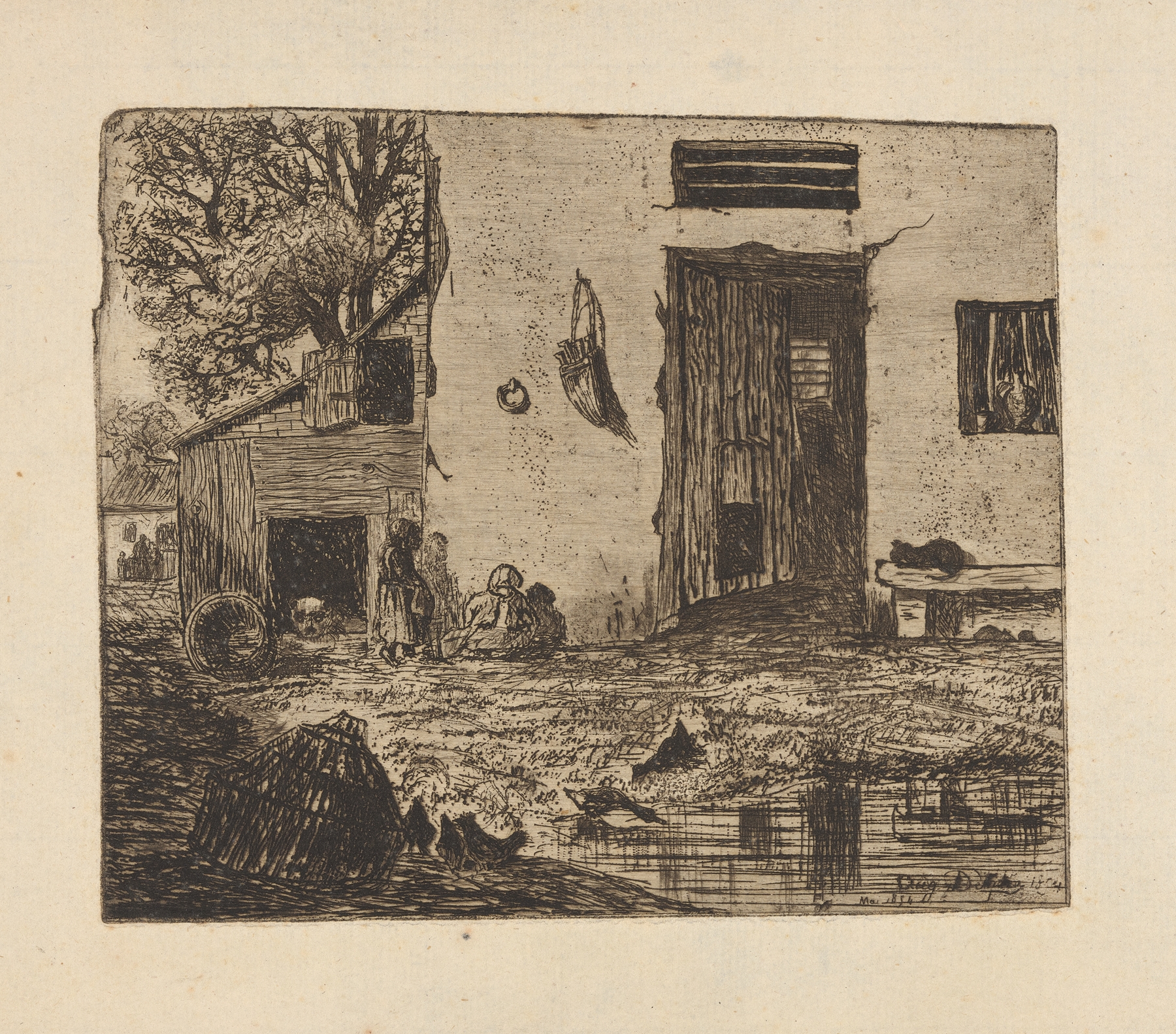 Children beside a barn in a realism style by Auguste Delâtre