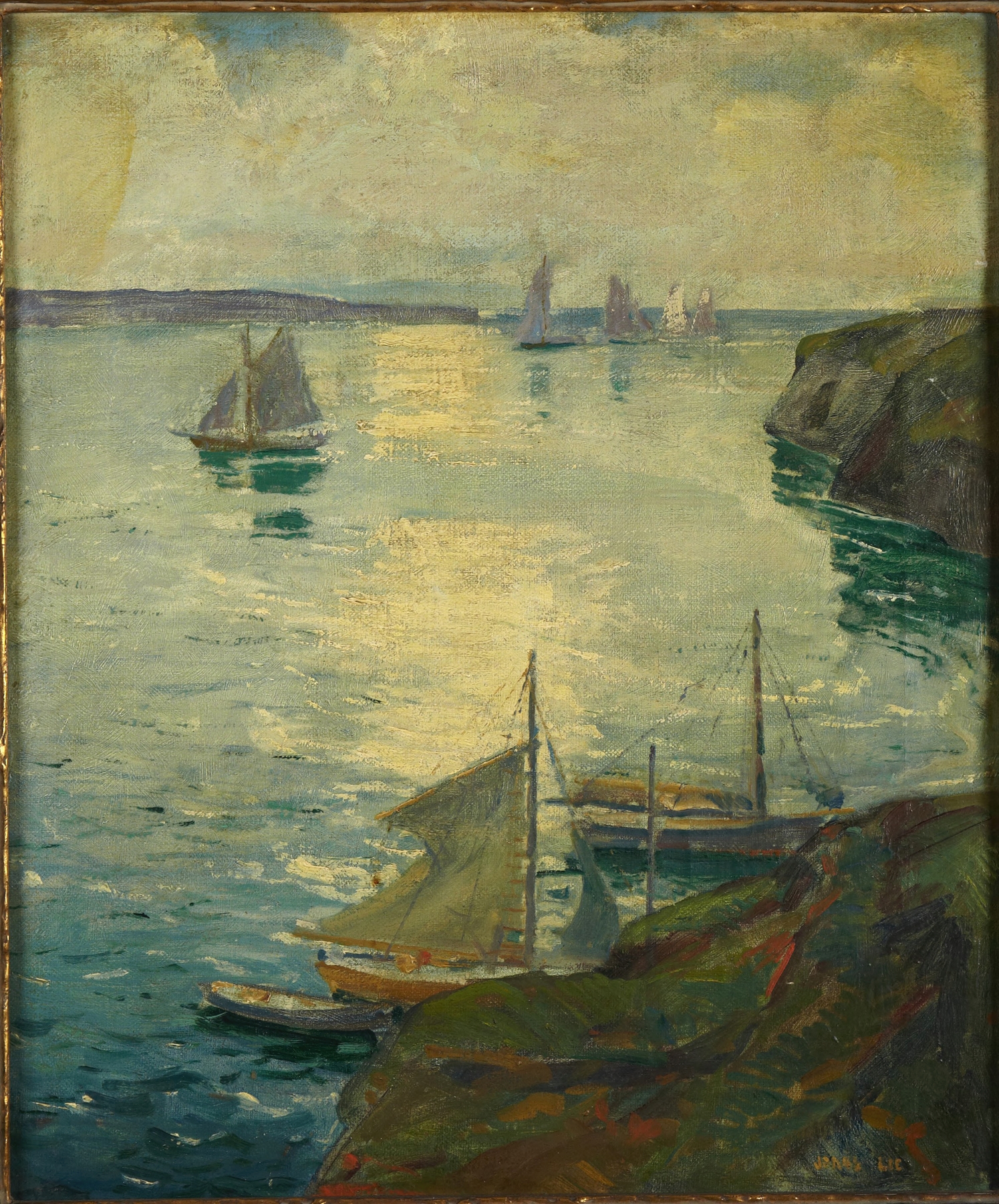 Coast Scene with Ships by Jonas Lie, oil on canvas, depicting ships on a tranquil sea under a cloudy sky.
