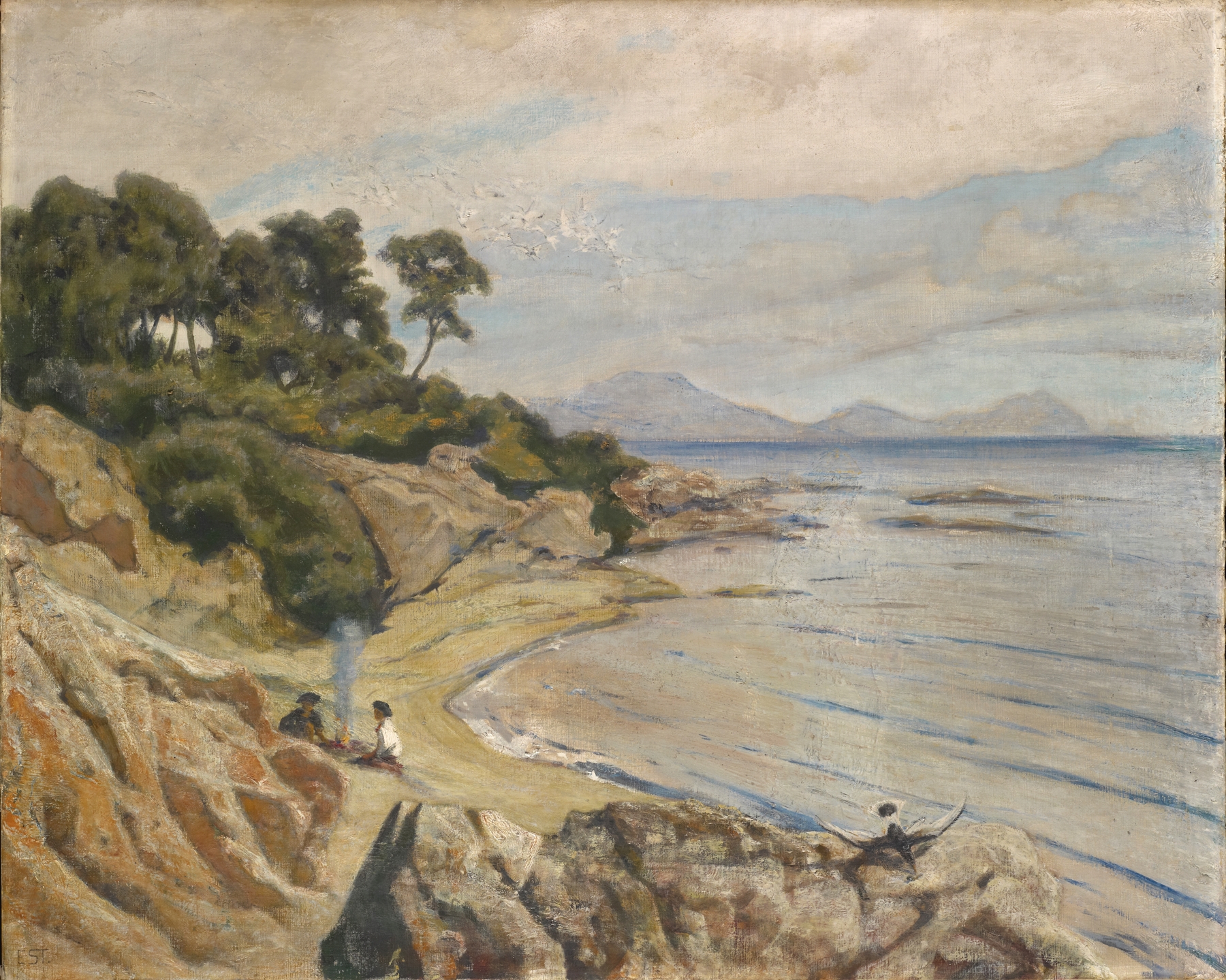 The Lagoon by Ernst Stückelberg, oil painting depicting a tranquil lagoon with vibrant colors.