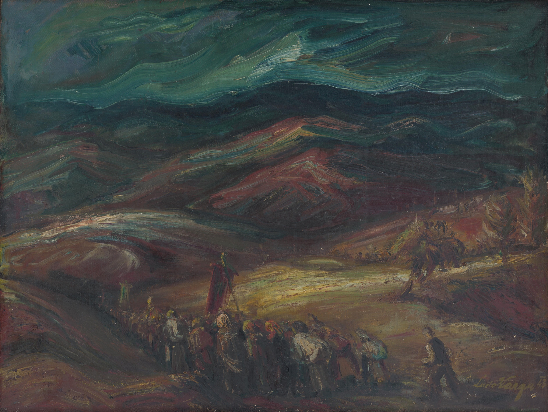 Expressionism landscape by Ľudovít Varga depicting a village procession at dusk.
