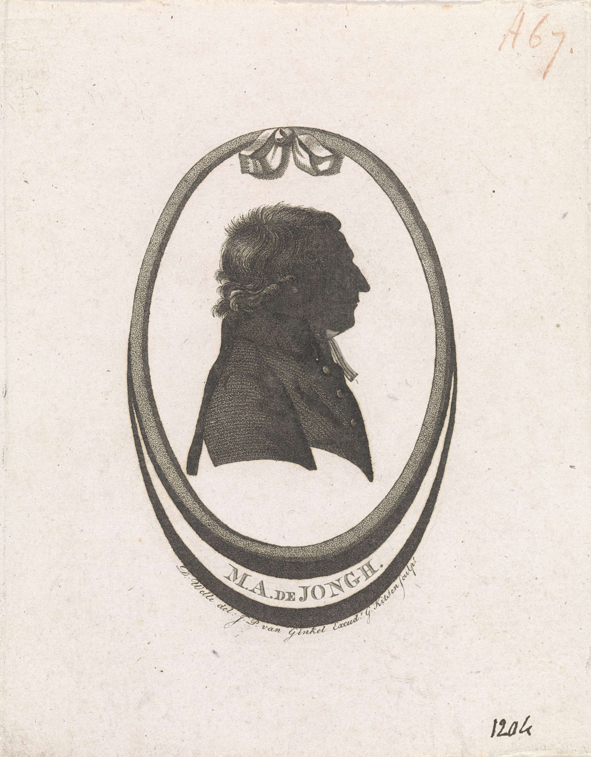 Silhouette portrait engraving by Govert Kitsen depicting Martinus Adrianus de Jongh