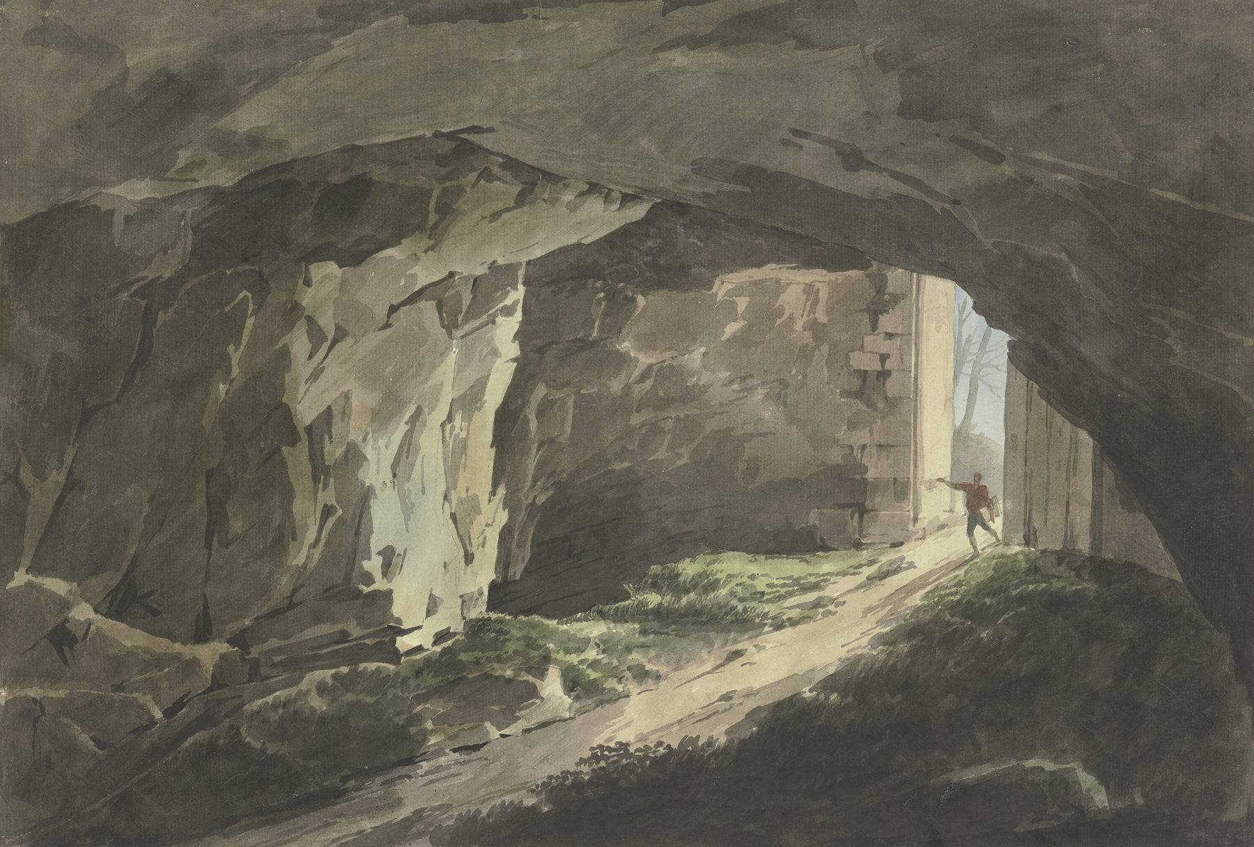 Oil painting by Jean Grandjean depicting a painter entering a cave.