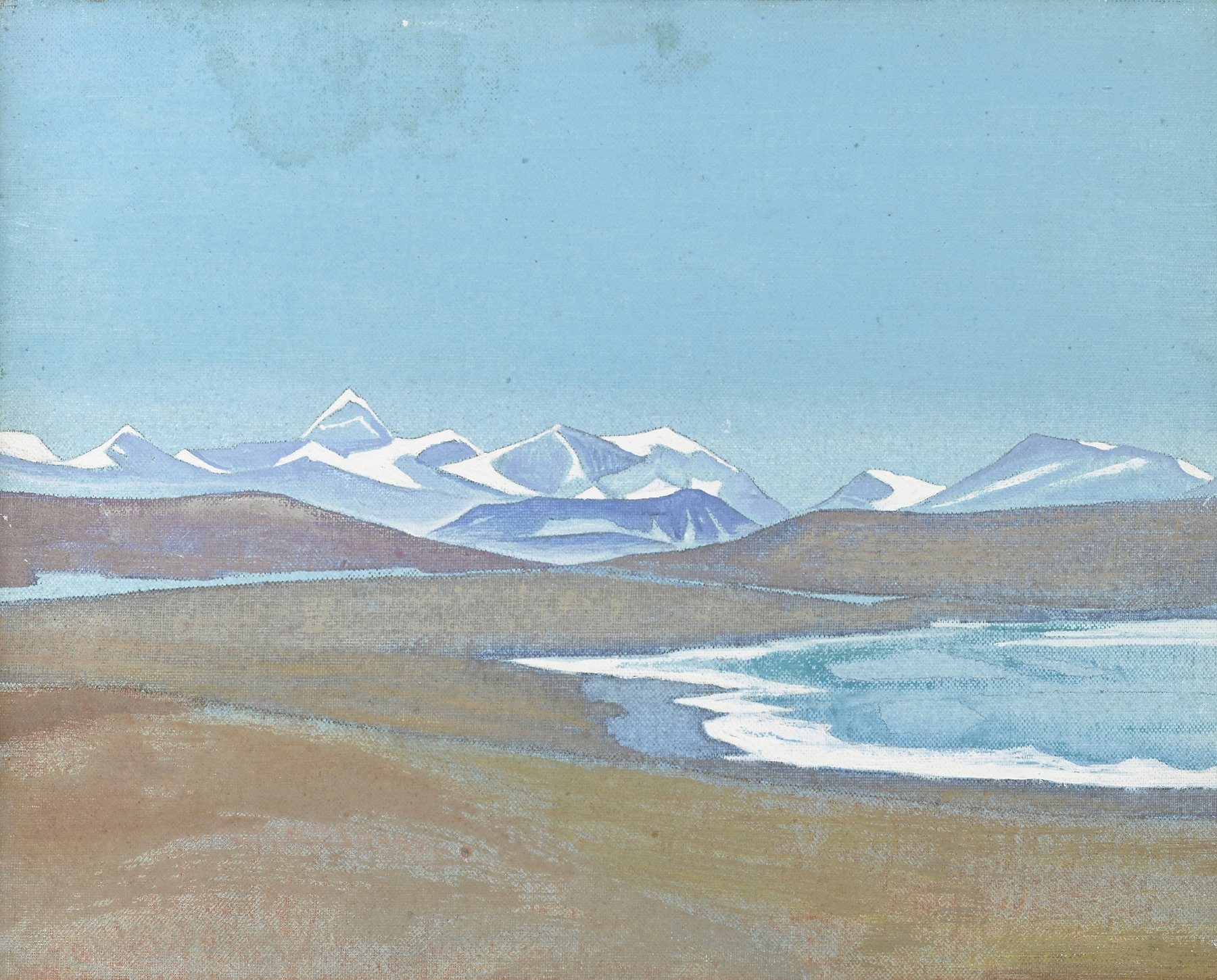 Himalayas from Ting-kye Dzong by Nicholas Roerich, oil on canvas depicting majestic mountains and serene sky.