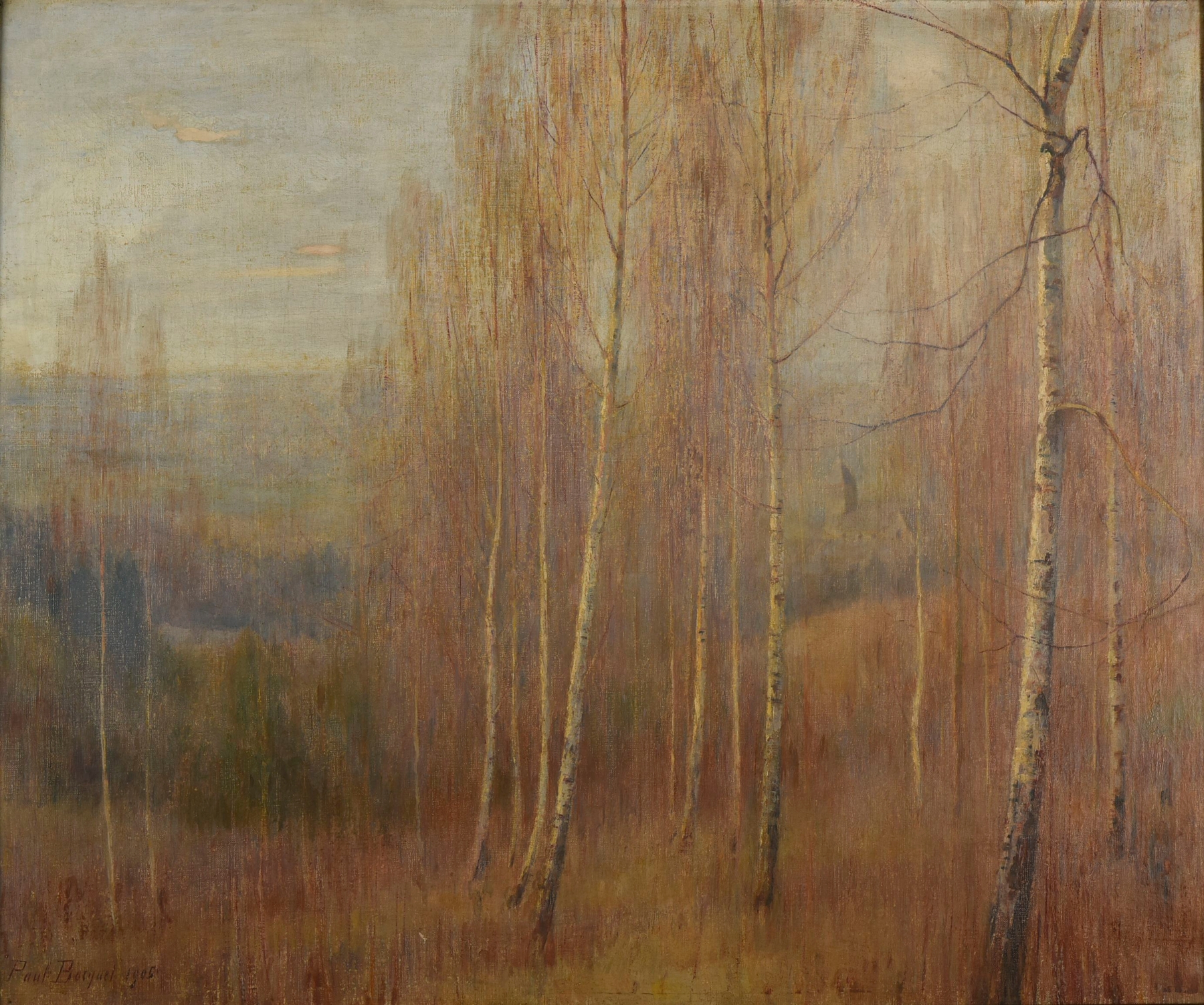 Winter landscape with birch trees by Paul Bocquet, oil on canvas