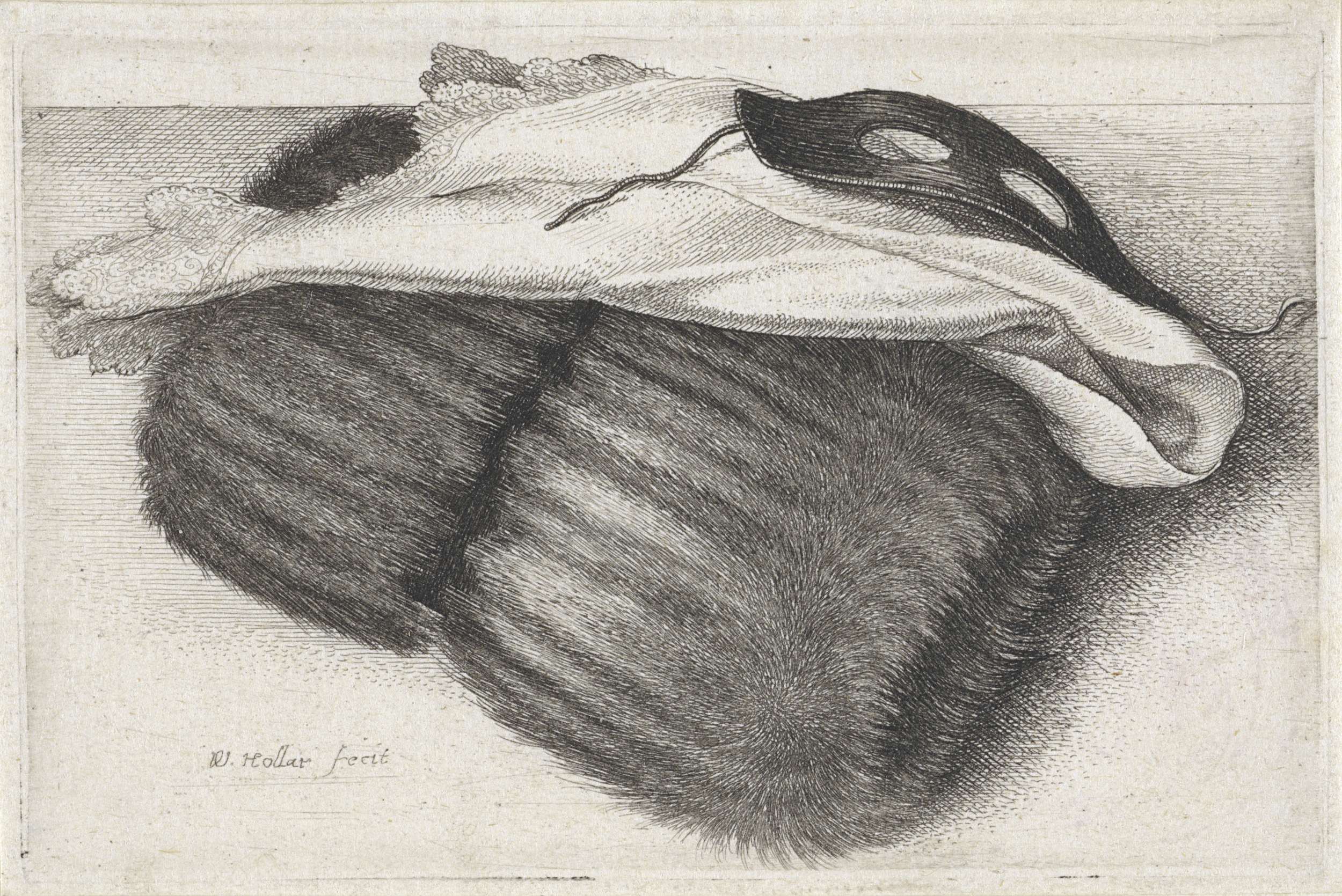 Etching by Wenceslaus Hollar featuring a mask and a handkerchief